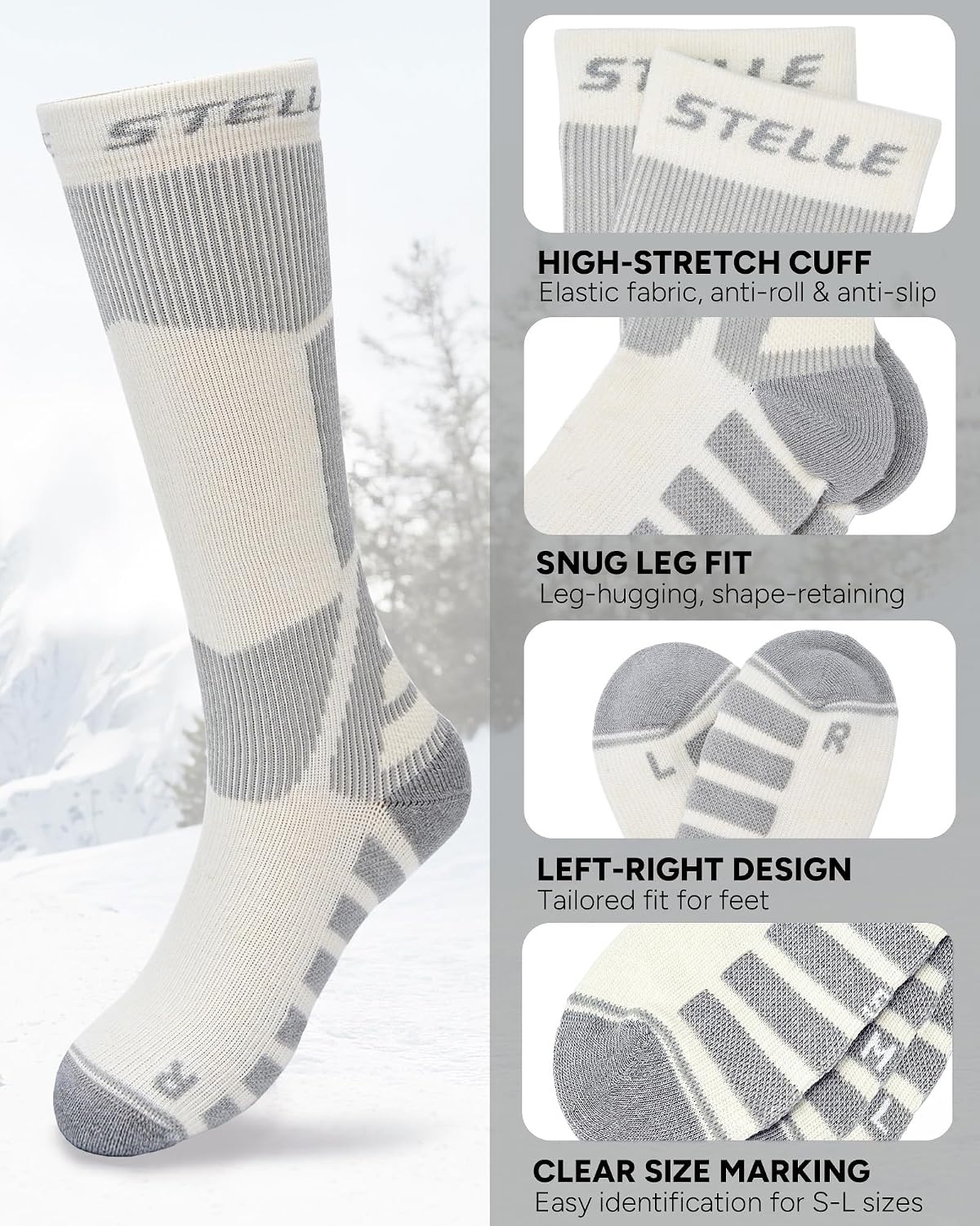Stelle Wool Ski Socks for Kids Men Women, Winter Warm Knee High Socks(White)