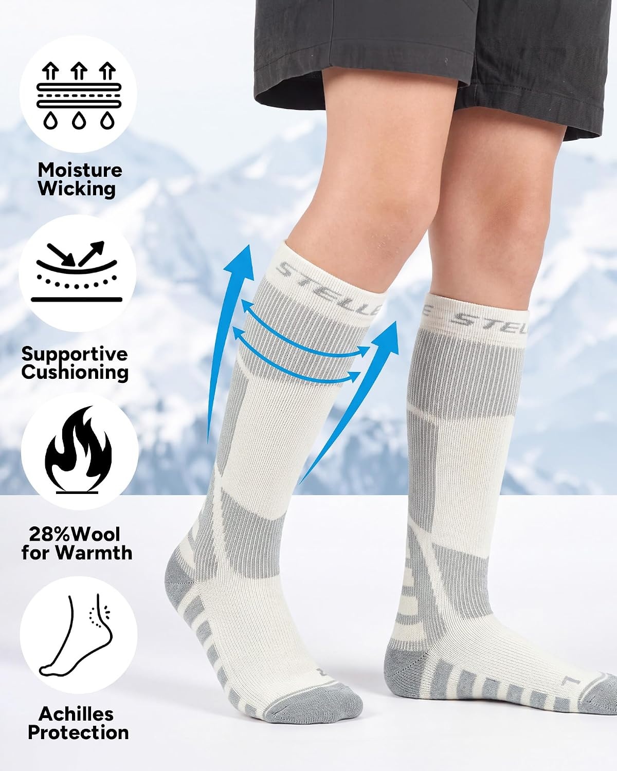 Stelle Wool Ski Socks for Kids Men Women, Winter Warm Knee High Socks(White)