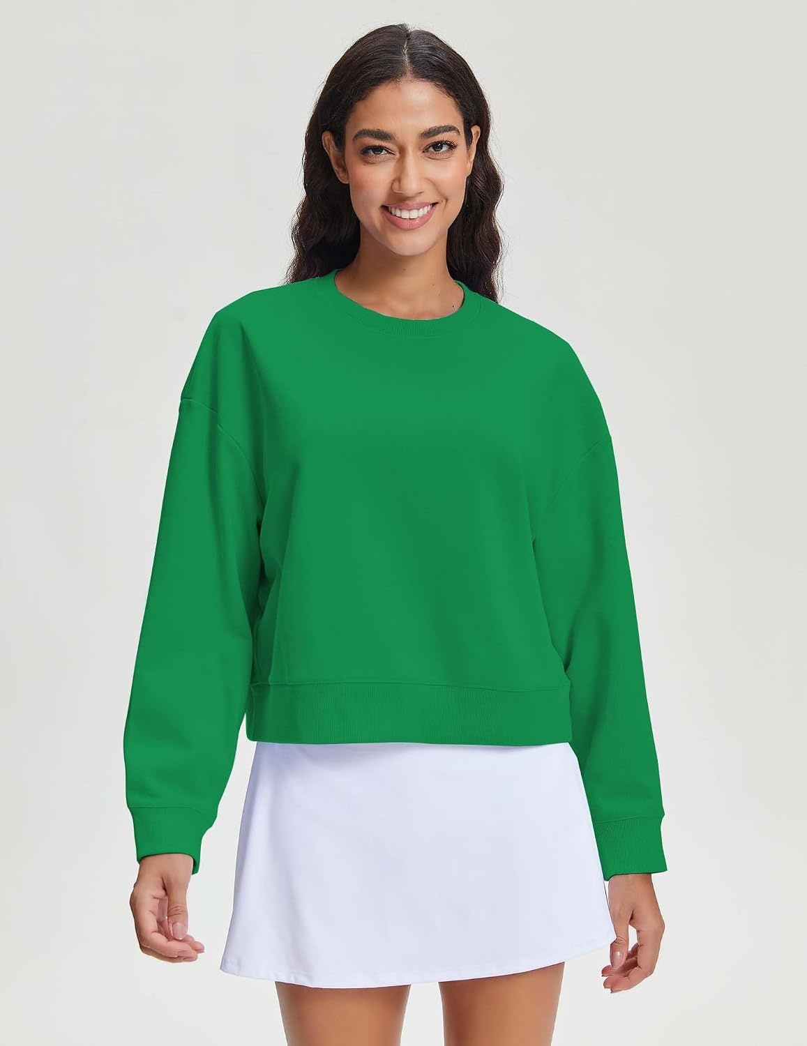 Stelle Cropped Sweatshirts for Women Cotton Long Sleeve Crop Tops Crewneck Pullover Oversized Sweater(Kelly Green)