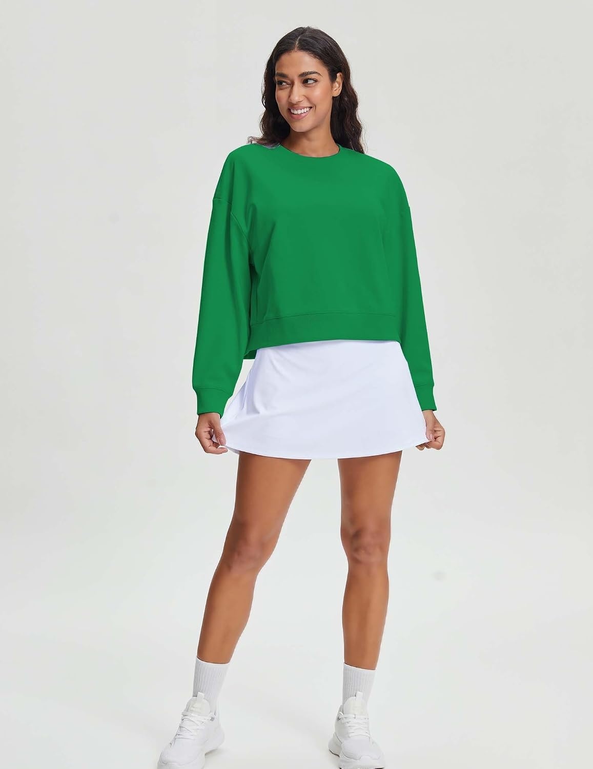 Stelle Cropped Sweatshirts for Women Cotton Long Sleeve Crop Tops Crewneck Pullover Oversized Sweater(Kelly Green)
