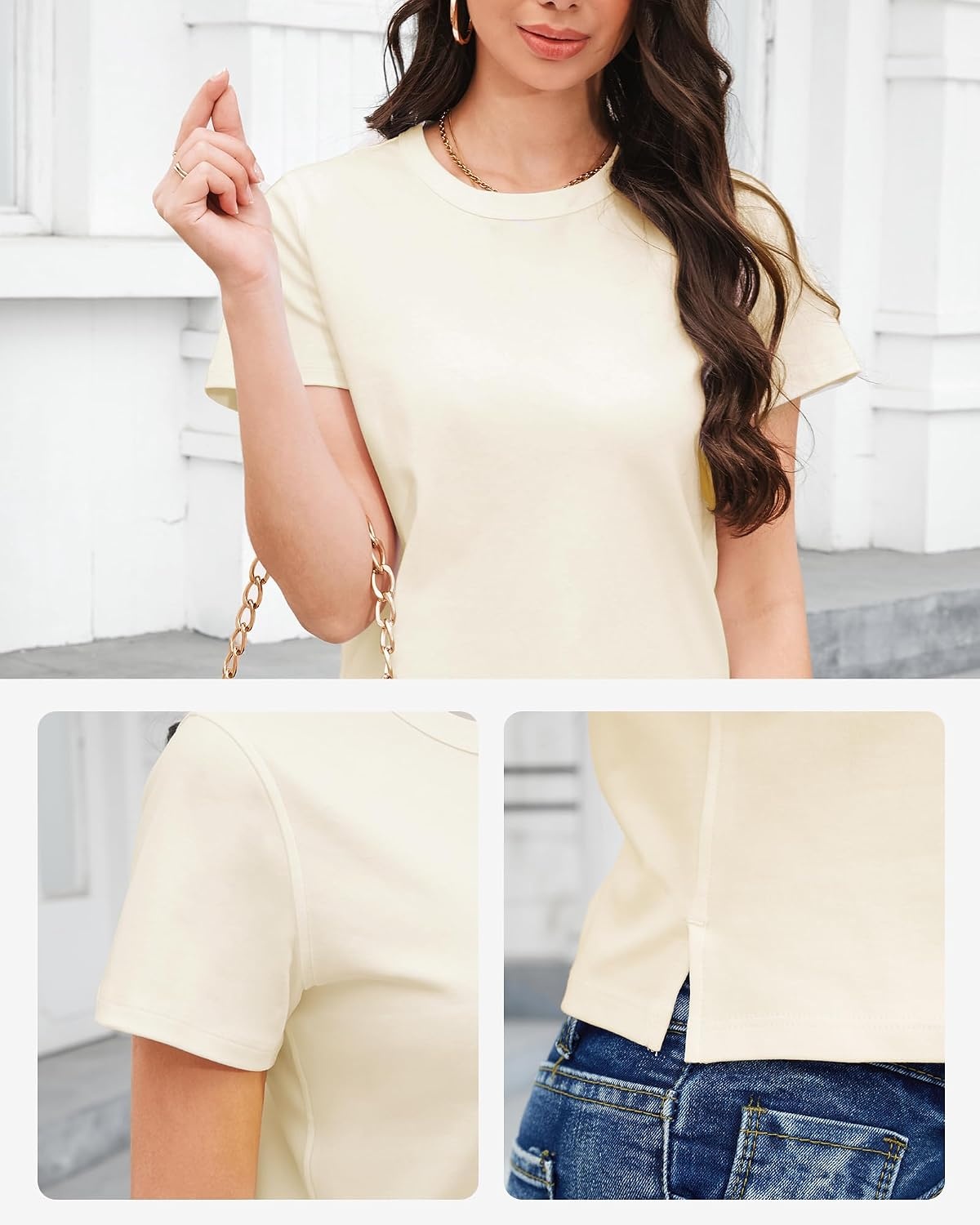 Stelle Women’s Cotton T-Shirts Crewneck Short Sleeve Basic Tees Summer Casual Solid Crop Tops(Creme)