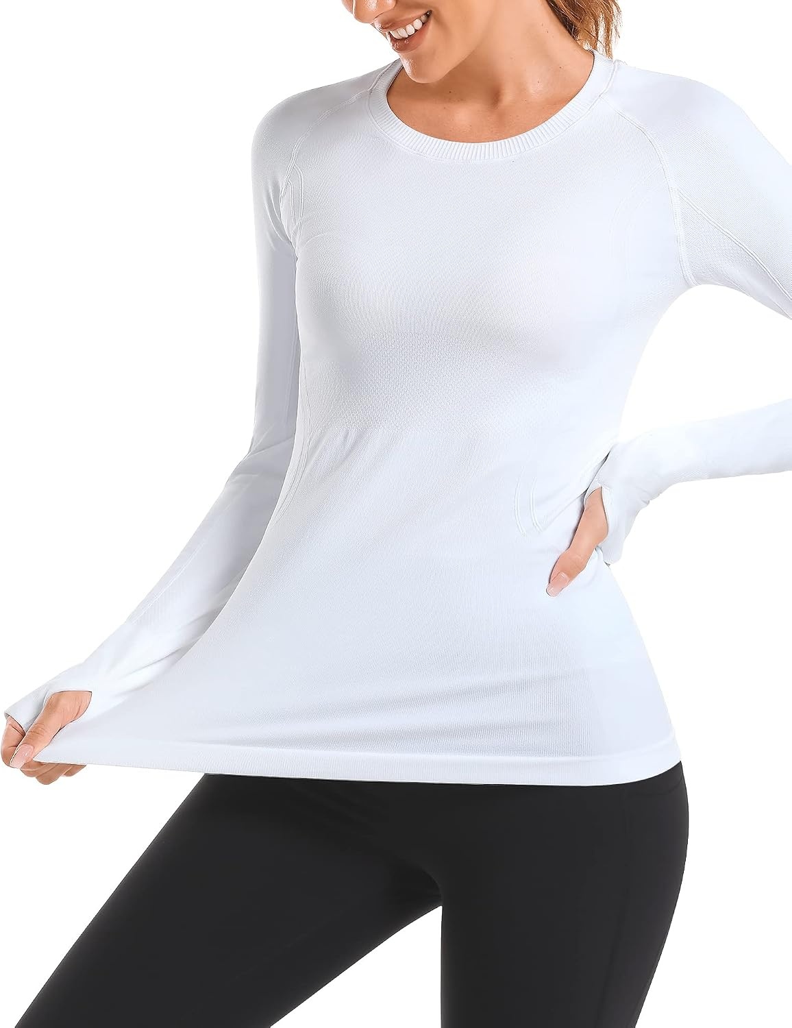 Stelle Womens Seamless Long Sleeve Workout Tops Compression Athletic Shirts(White)