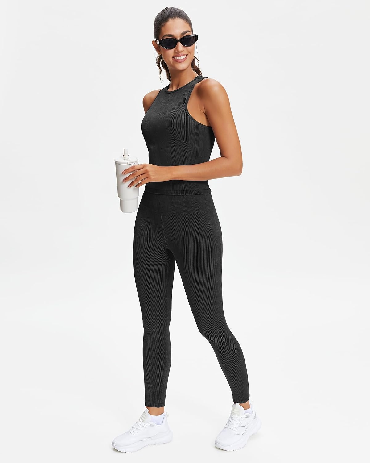 Stelle Workout Ribbed Women Seamless High Waist Yoga Leggings for Athletic(Black)