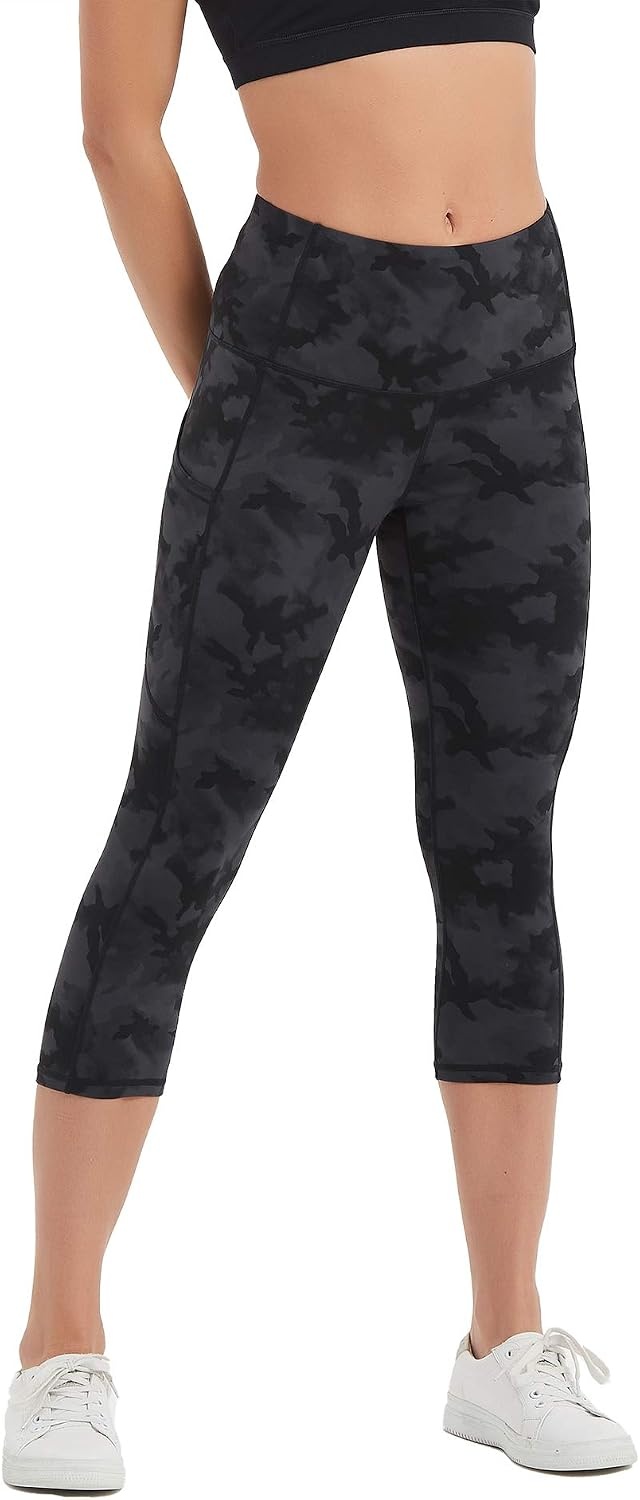 Stelle Capri Leggings for Women Yoga Pants with Pockets High Waisted Legging for Gym Workout(Nylon-black&grey Camo)