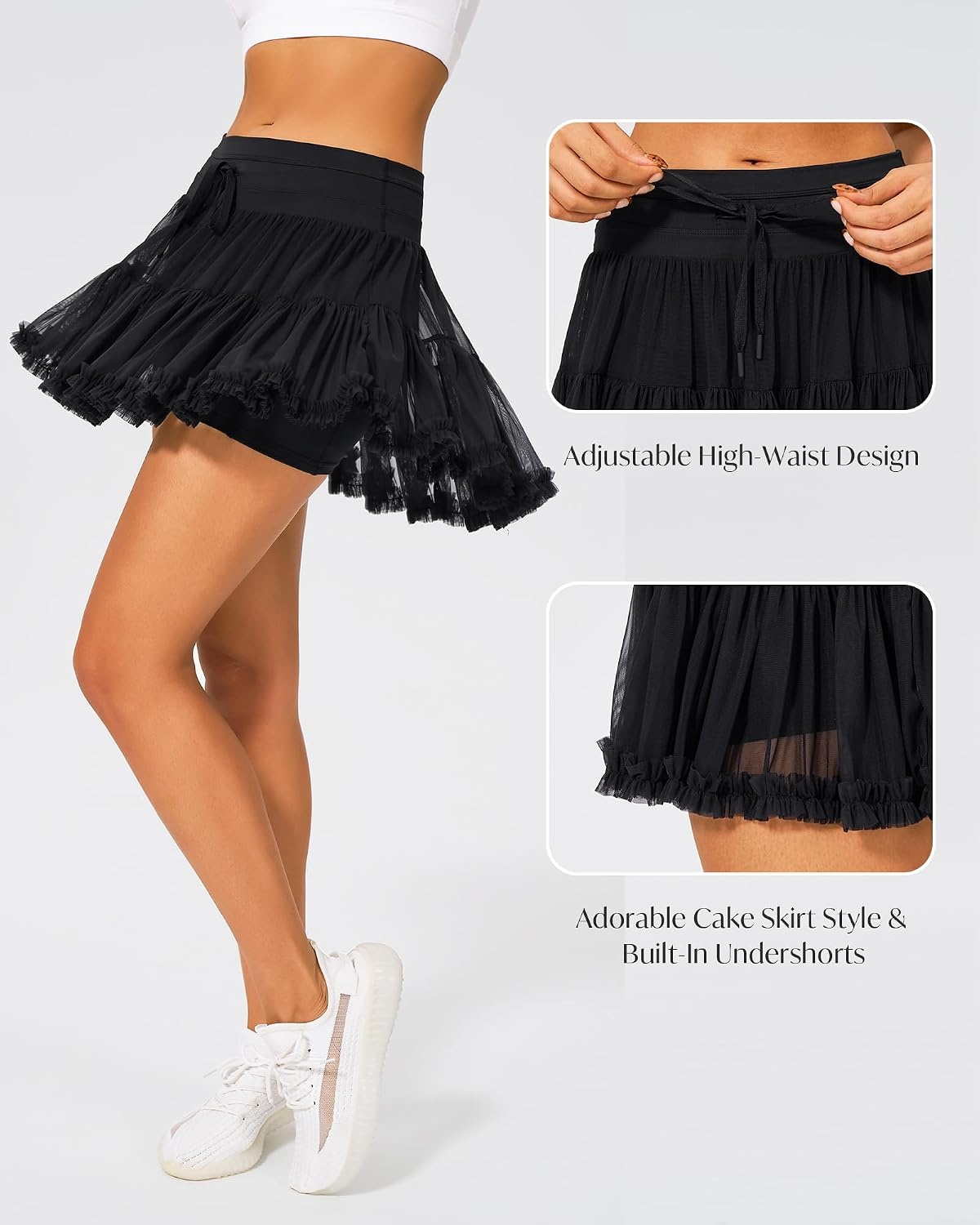 Stelle Women’s High Waist Athletic Skorts with Shorts Pockets Ruffle Hem Flowy Skirts Mini Tiered Short Skirt Casual Summer(Black)