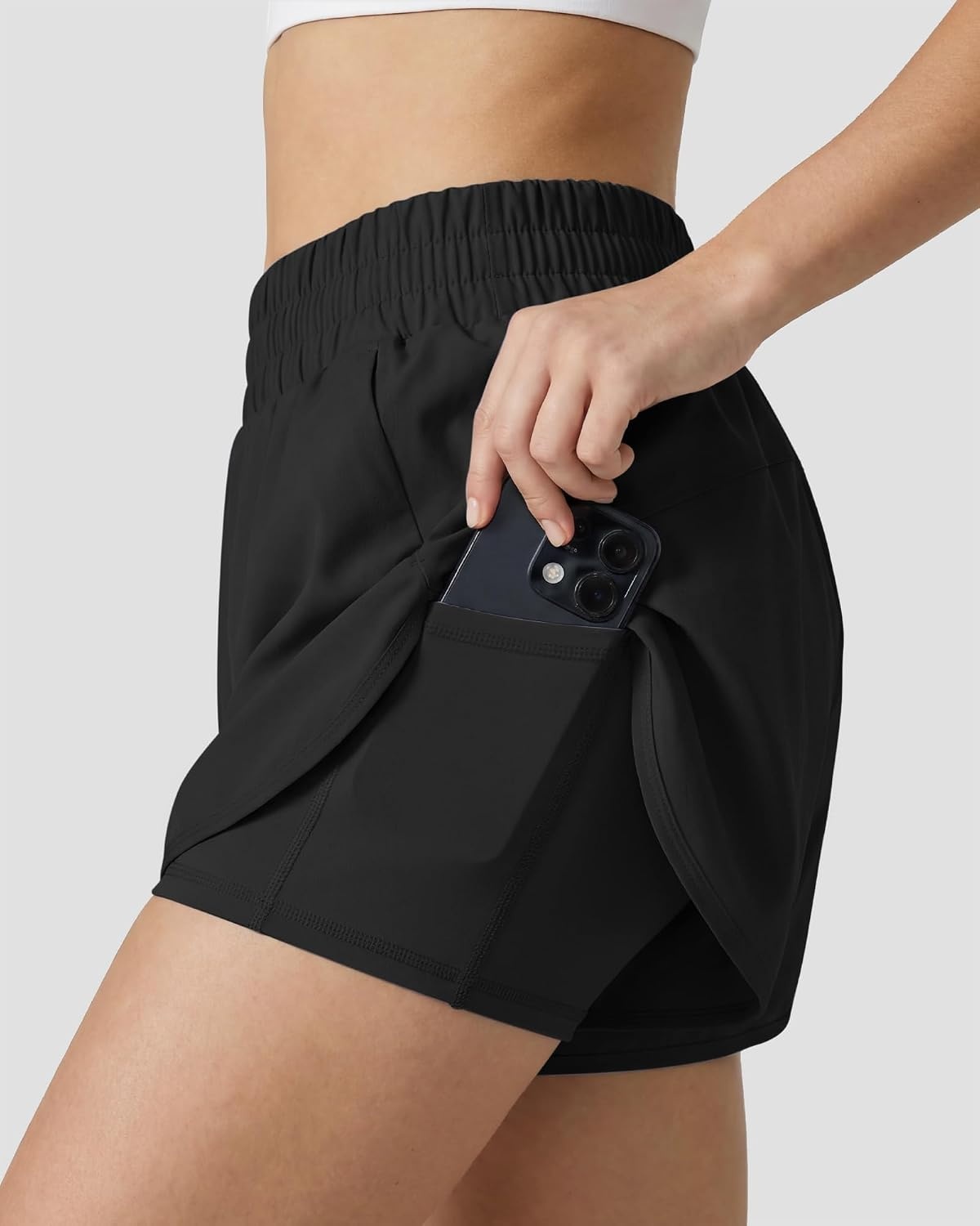 Stelle 2 in 1 Womens Running Shorts High Waisted Athletic Workout Gym Short with Zip Pockets(Black)