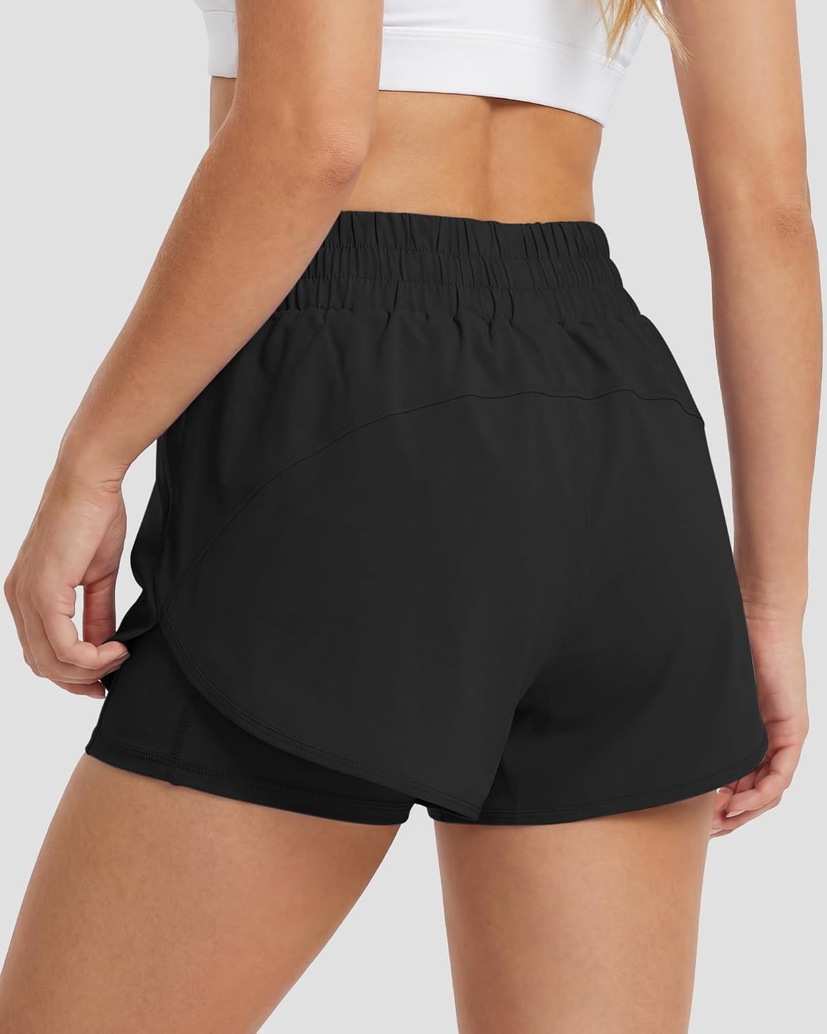 Stelle 2 in 1 Womens Running Shorts High Waisted Athletic Workout Gym Short with Zip Pockets(Black)