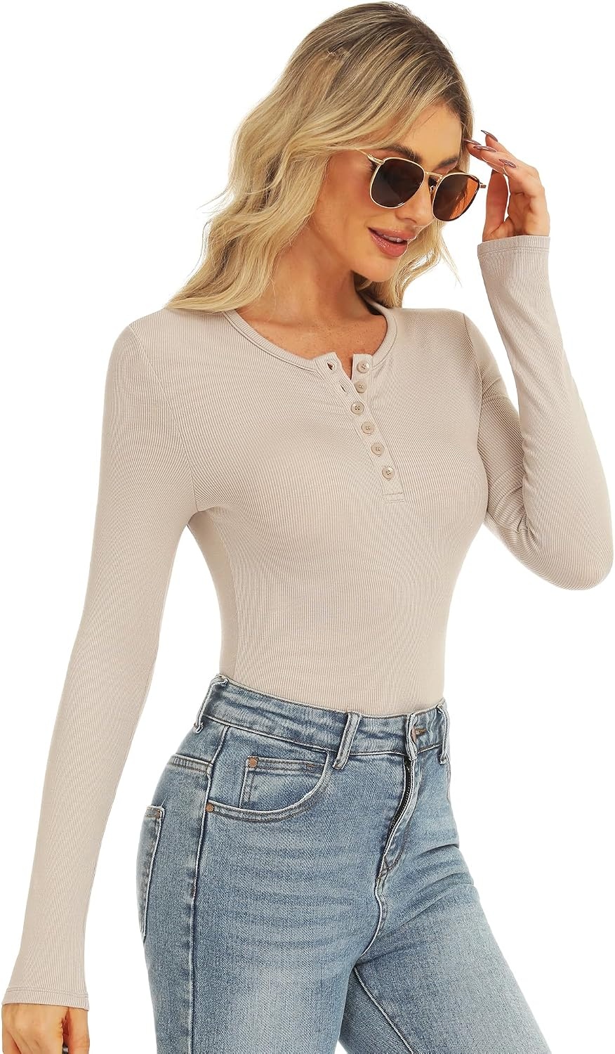Stelle Women Henley Long Sleeve Crop Tops Ribbed Knit Button Slim Fitted Tops Casual Basic T Shirts(Desert Beige-2)