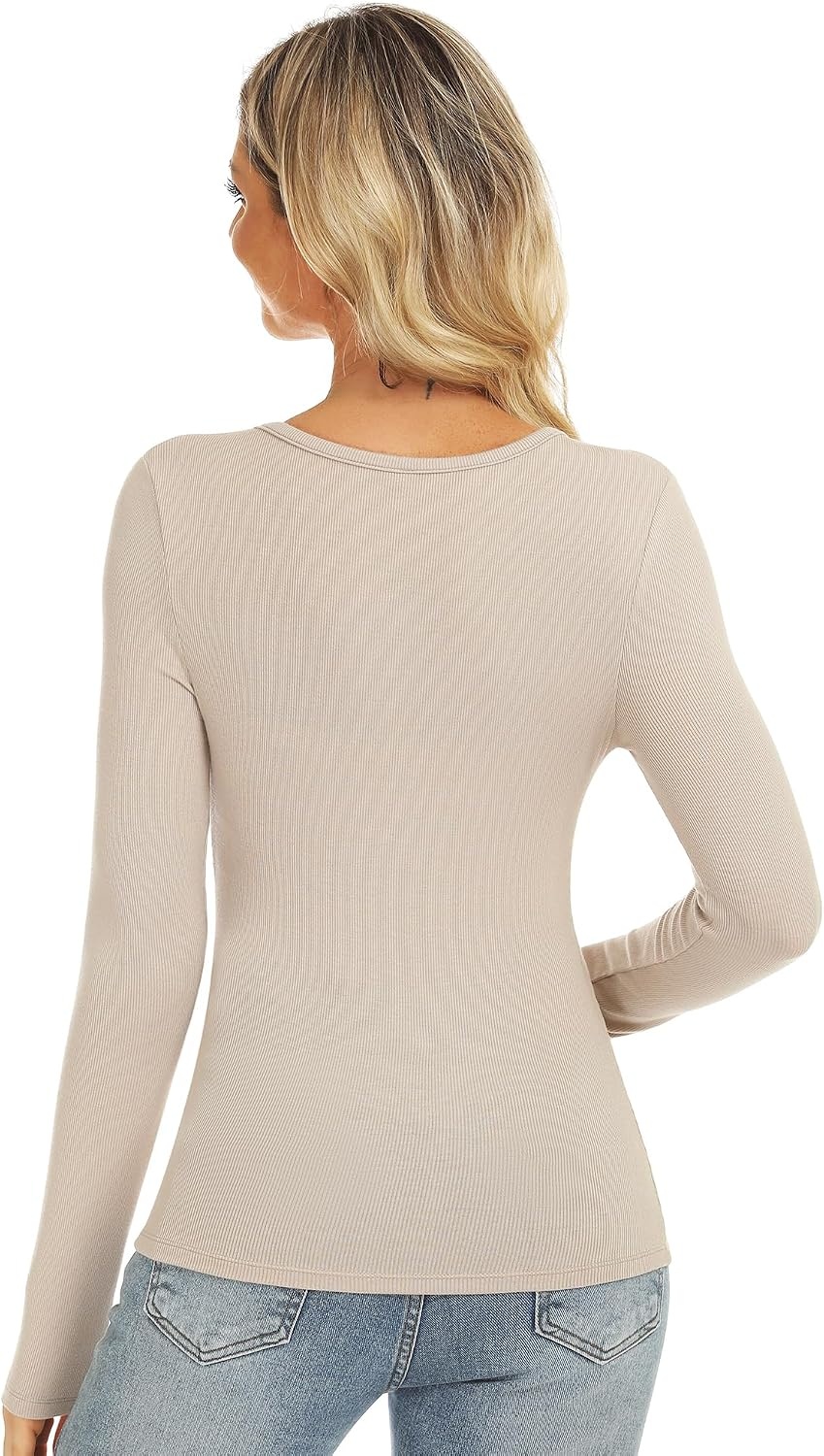 Stelle Women Henley Long Sleeve Crop Tops Ribbed Knit Button Slim Fitted Tops Casual Basic T Shirts(Desert Beige-2)