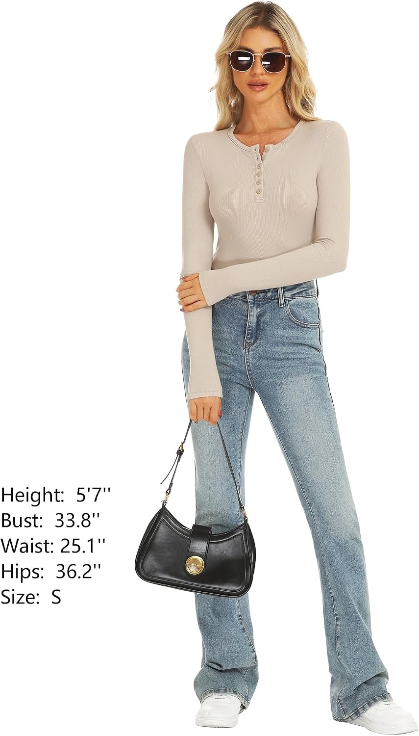 Stelle Women Henley Long Sleeve Crop Tops Ribbed Knit Button Slim Fitted Tops Casual Basic T Shirts(Desert Beige-2)