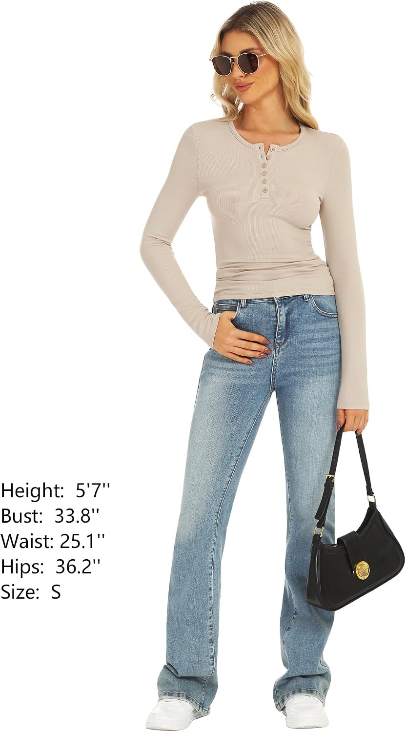 Stelle Women Henley Long Sleeve Crop Tops Ribbed Knit Button Slim Fitted Tops Casual Basic T Shirts(Desert Beige-2)