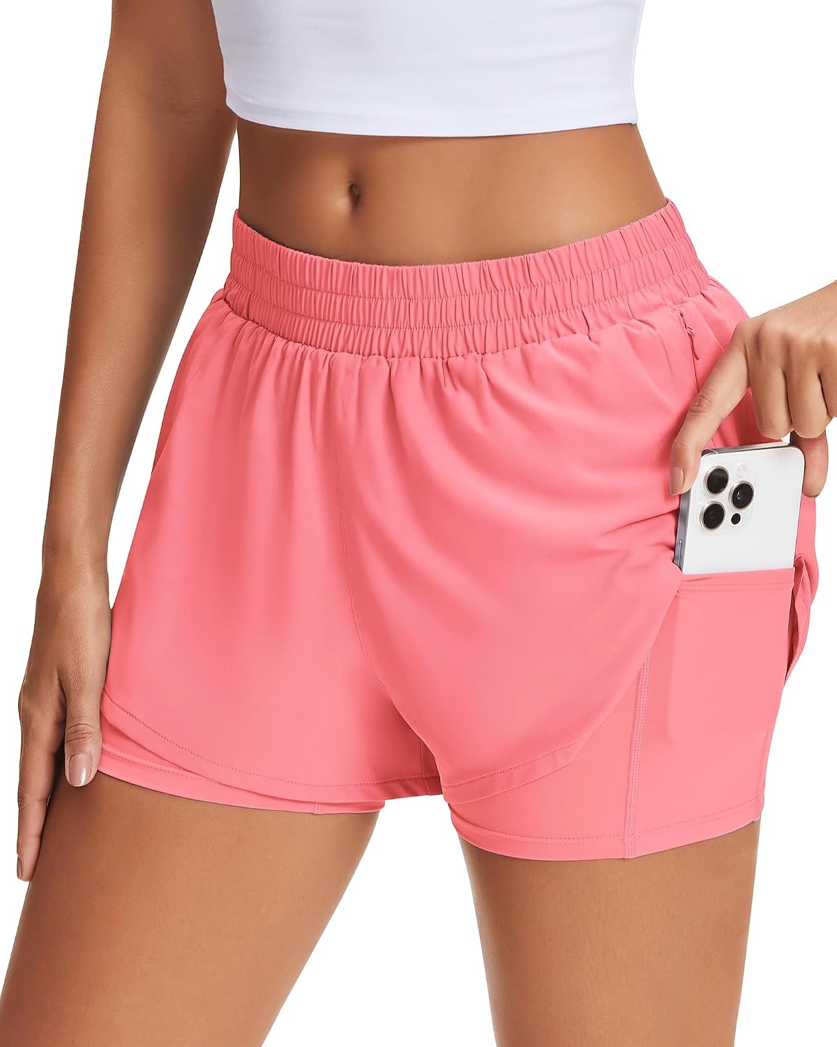 Stelle Women’s 2 in 1 Running Shorts Gym Athletic Shorts with Zip Pockets | High Waisted, 2 in 1 Athletic Shorts, Supportive Liner, Built-In Pockets, Running, Workout, Gym Training(Coral)