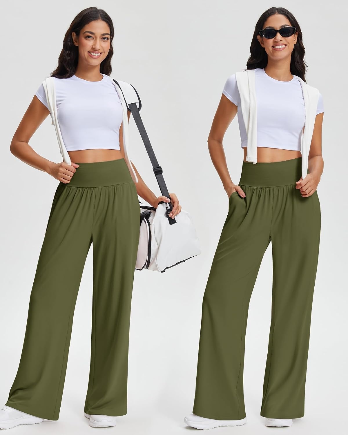 Stelle Wide Leg Yoga Pants for Women High Waisted Super Comfy Buttery Soft Lounge Pants with Pockets 26/28/30 Inseam(Olive Green)