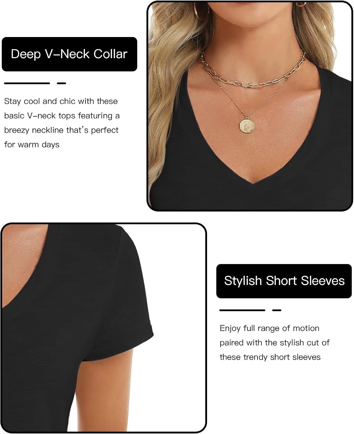 Stelle Womens Modal Soft T Shirts Short Sleeve V Neck Basic Tee Casual Loose Fit Tops Lightweight Soft Summer Outfits Clothes(Black)