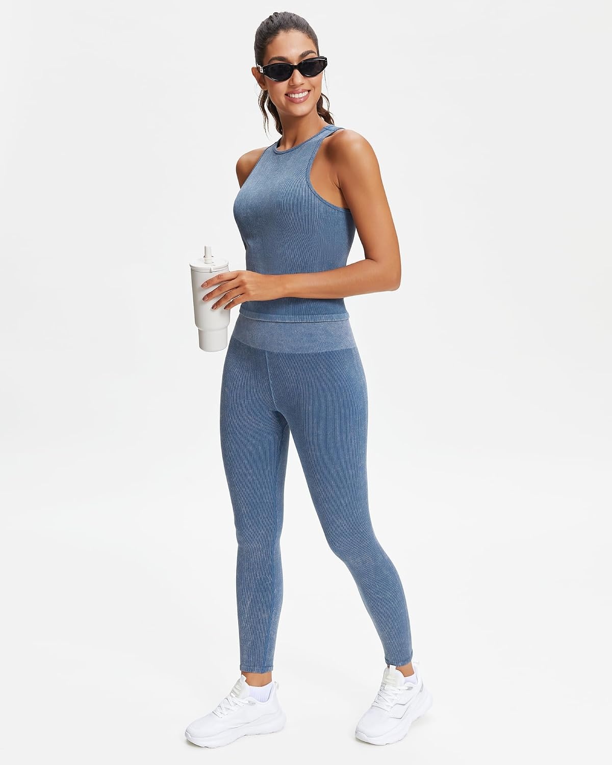 Stelle Workout Ribbed Women Seamless High Waist Yoga Leggings for Athletic(Pale Blue)