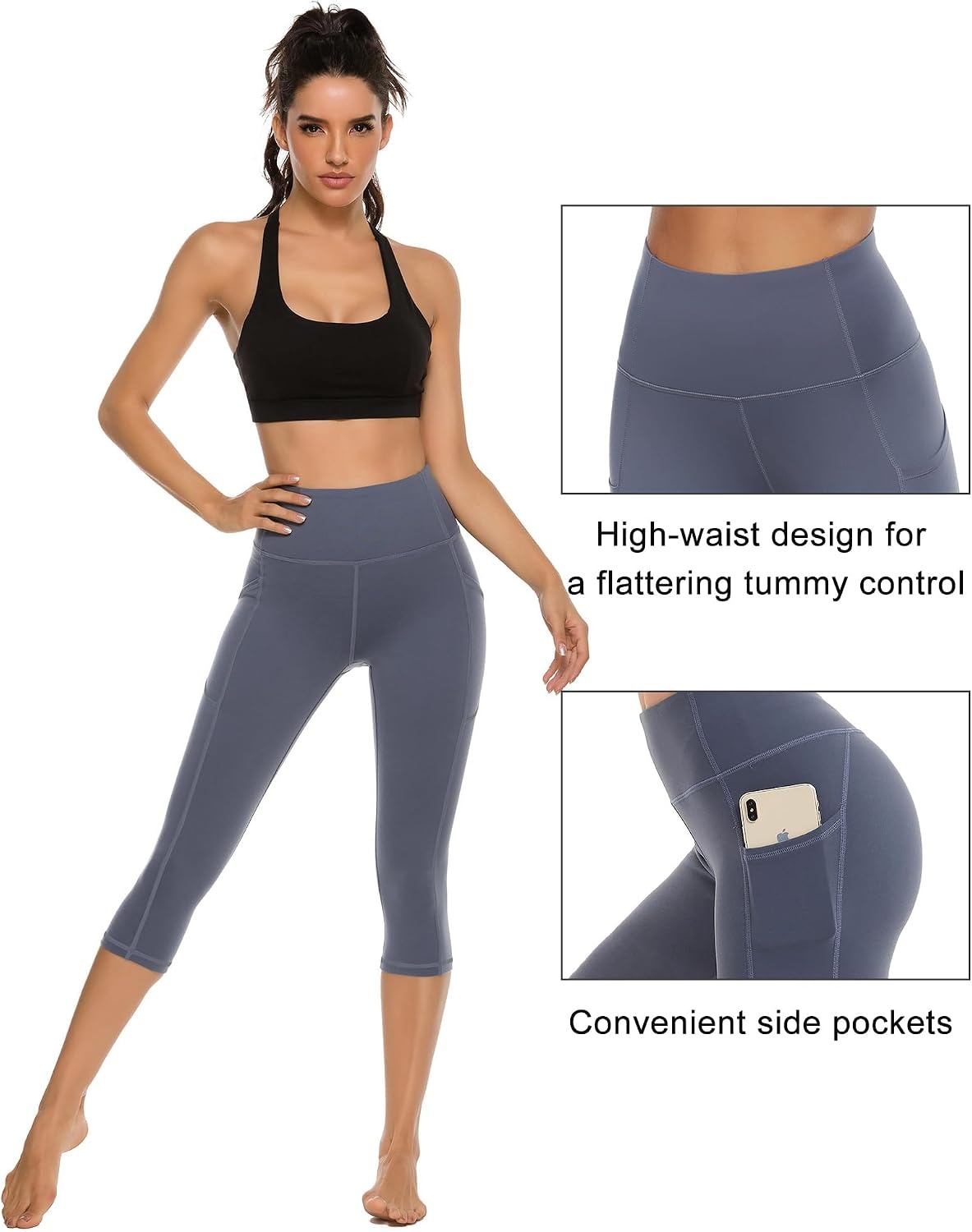 Stelle Capri Leggings for Women Yoga Pants with Pockets High Waisted Legging for Gym Workout(Cotton Like Softness-grey Blue)