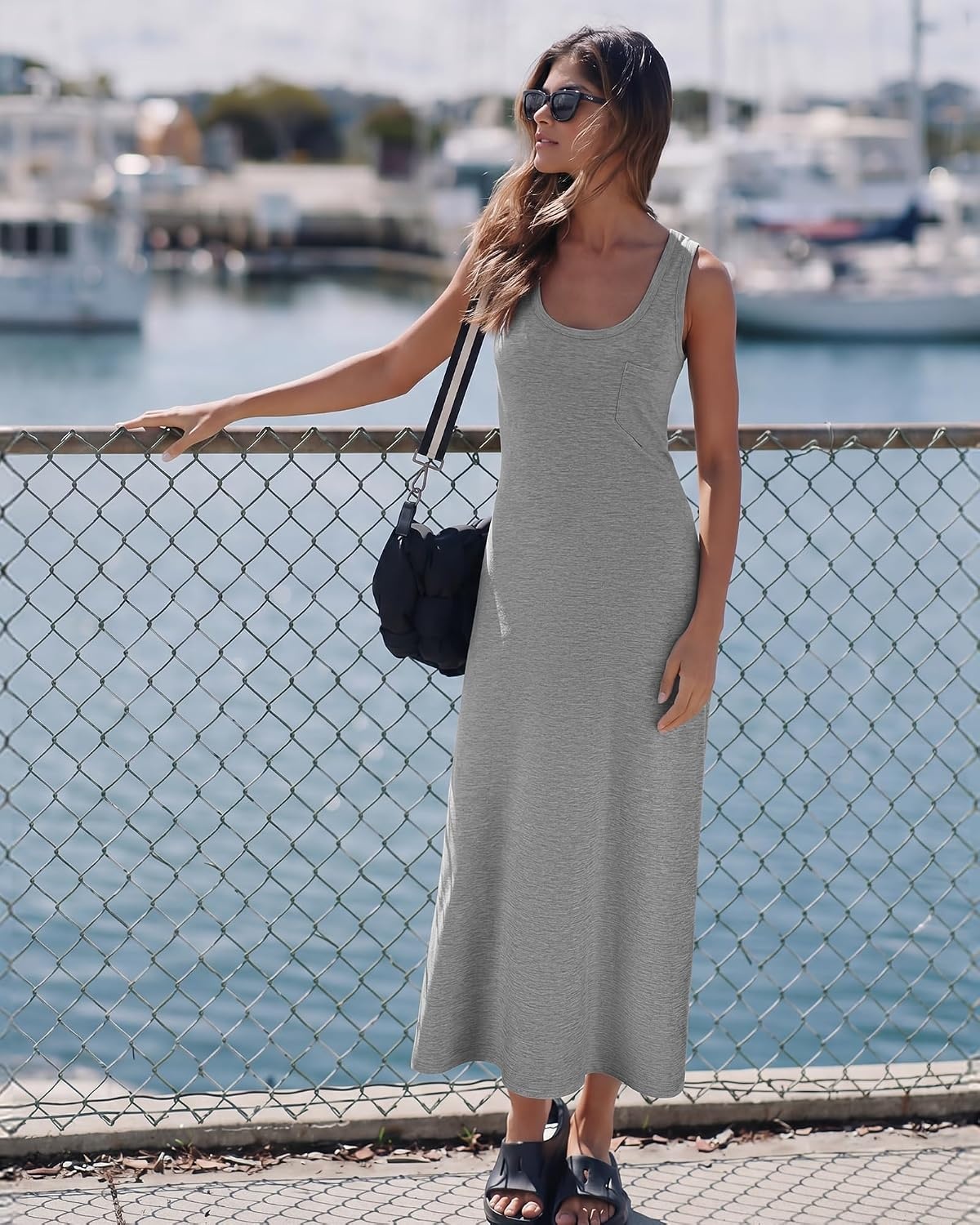 Stelle Women Nightgowns Long Sleeveless Sleepwear Racerback Pajama Dress Nightshirt(Light Hearher Grey)