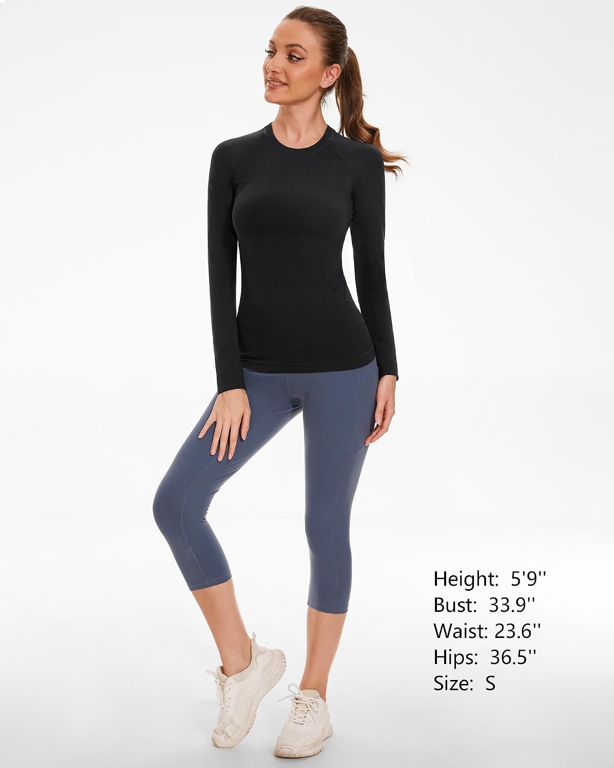 Stelle Womens Seamless Long Sleeve Workout Tops Compression Athletic Shirts(Black-without Thumb Hole)