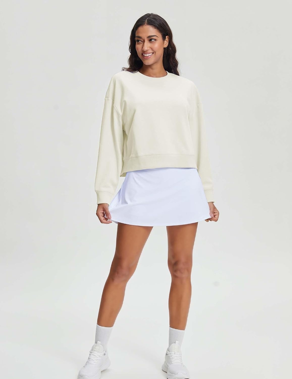 Stelle Women’s Cropped Crewneck Sweatshirt Relaxed Fit Casual Everyday | Soft lining, Ribbed cuffs, Lightweight warmth, Layering essential, Lounge, Travel, Streetwear(Off-white)