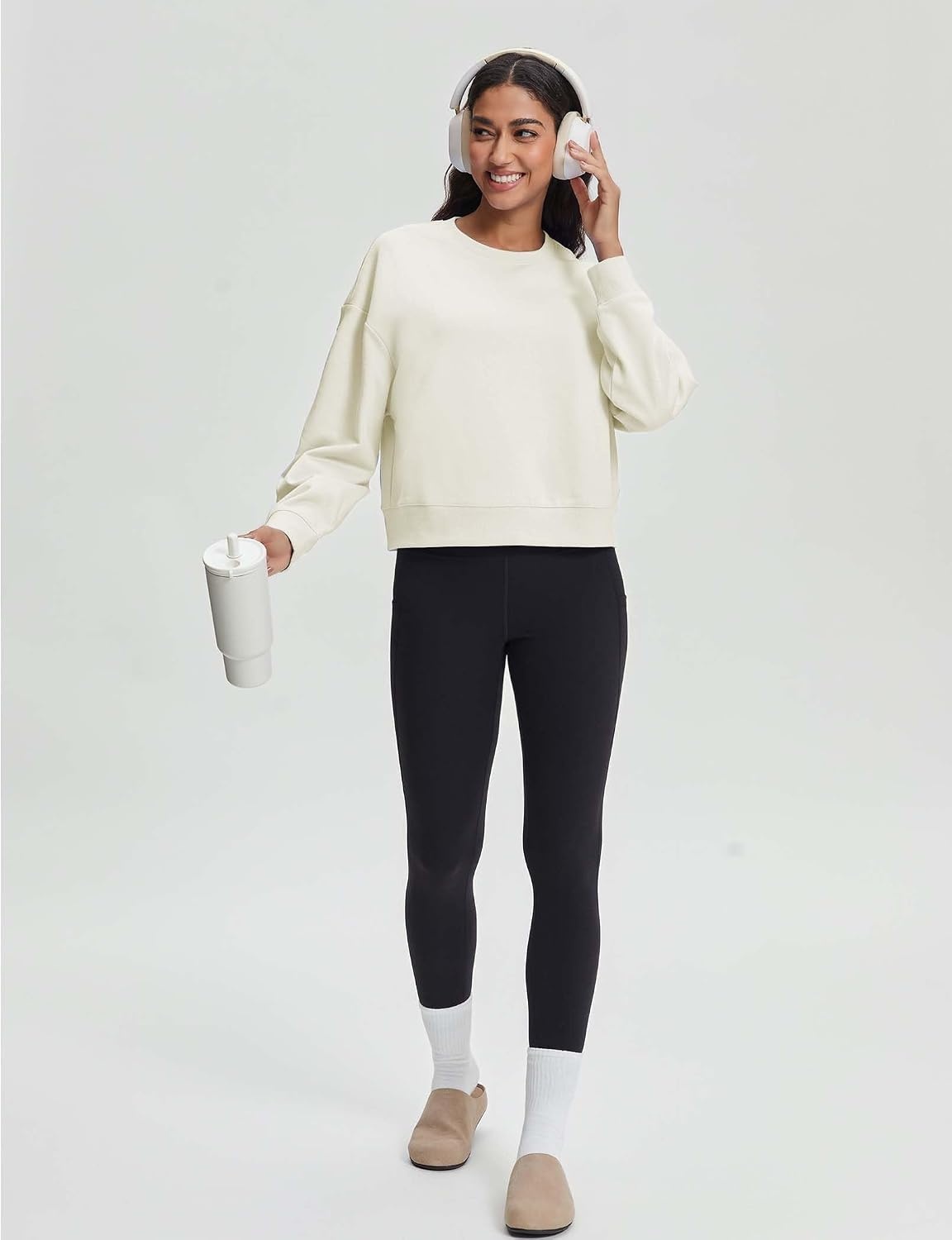Stelle Women’s Cropped Crewneck Sweatshirt Relaxed Fit Casual Everyday | Soft lining, Ribbed cuffs, Lightweight warmth, Layering essential, Lounge, Travel, Streetwear(Off-white)