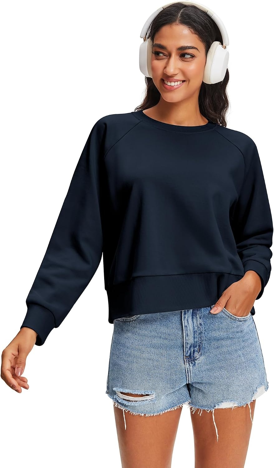 Stelle Women’s Raglan Crewneck Sweatshirt Relaxed Fit Casual Everyday(Navy)