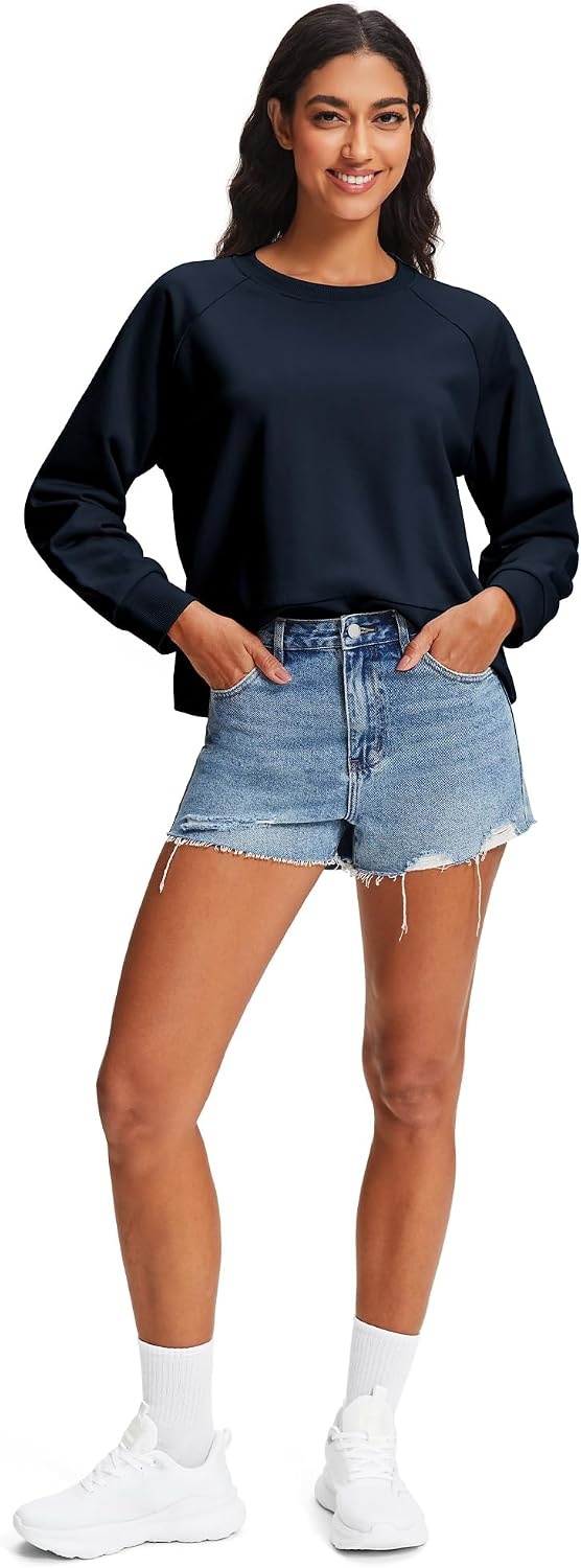 Stelle Women’s Raglan Crewneck Sweatshirt Relaxed Fit Casual Everyday(Navy)