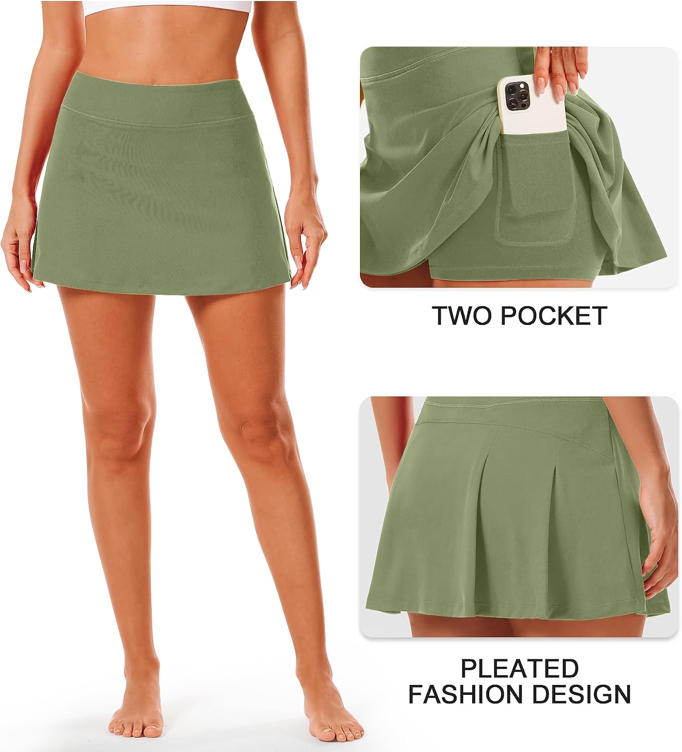 Stelle Women Tennis Skirt High Waisted Athletic Golf Skorts with Pockets | Tummy Control, Built-In Shorts, Deep Pockets, Pleated, Breathable, Lightweight, Tennis, Golf, Pickleball, Running, Workout(Army Green)