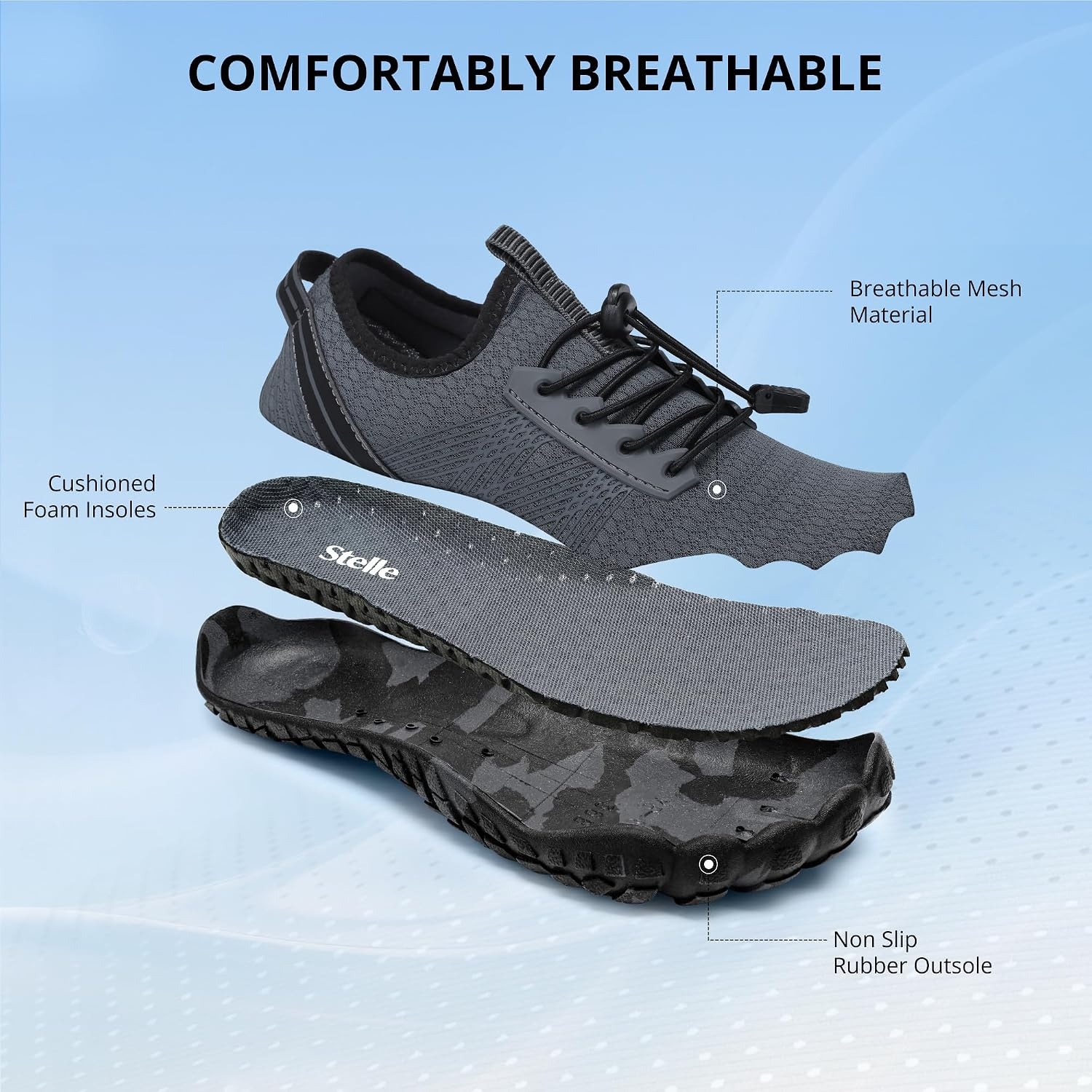 Stelle Womens Water Shoes for Men Adult Aqua Shoes for Swim River | Hiking Beach Boat Pool Quick-Dry Mesh Barefoot Non-Slip Rubber Outsole Lightweight Easy-On Pull Tabs Water Sports(Charcoal)