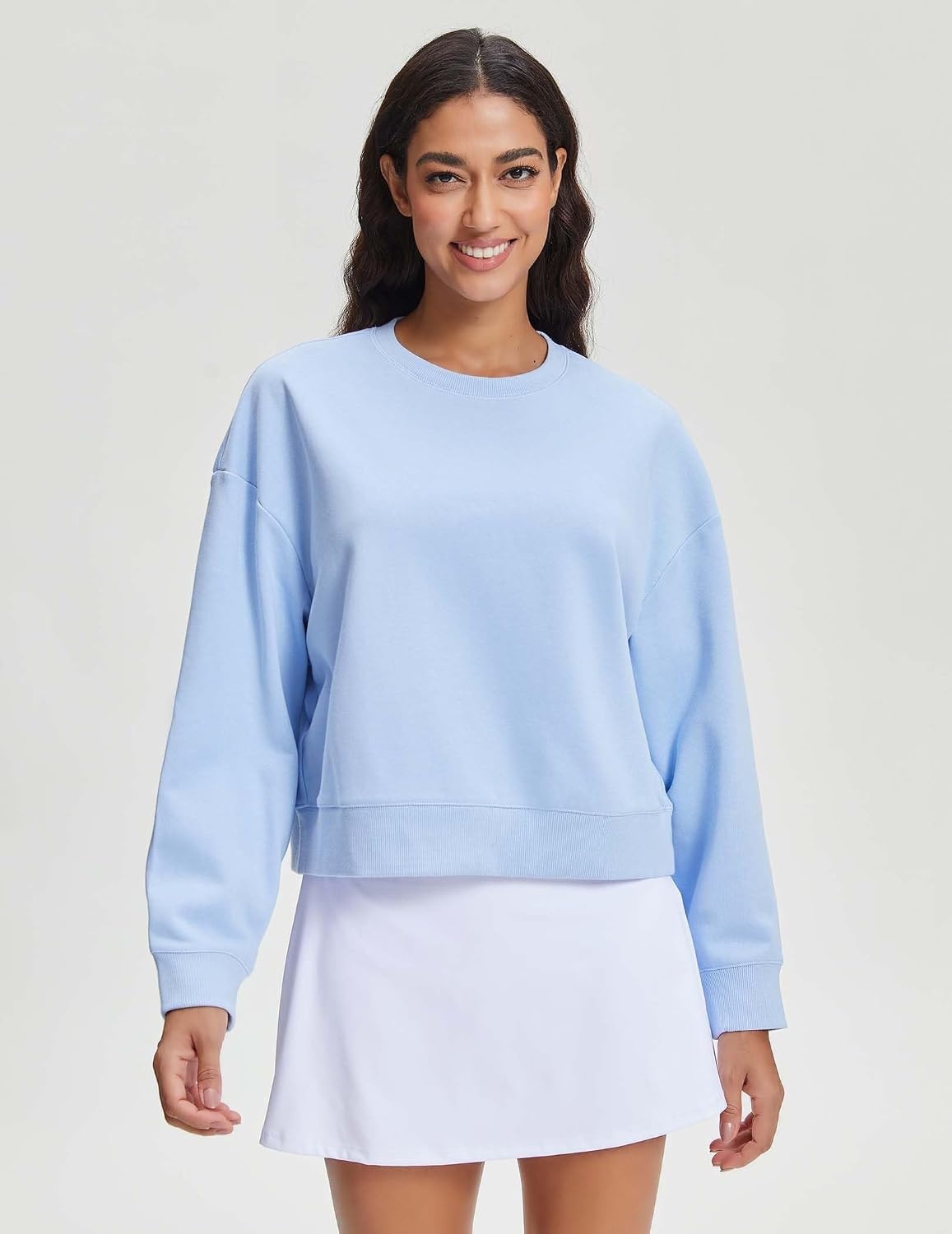 Stelle Women’s Cropped Crewneck Sweatshirt Relaxed Fit Casual Everyday | Soft lining, Ribbed cuffs, Lightweight warmth, Layering essential, Lounge, Travel, Streetwear(Baby Blue)