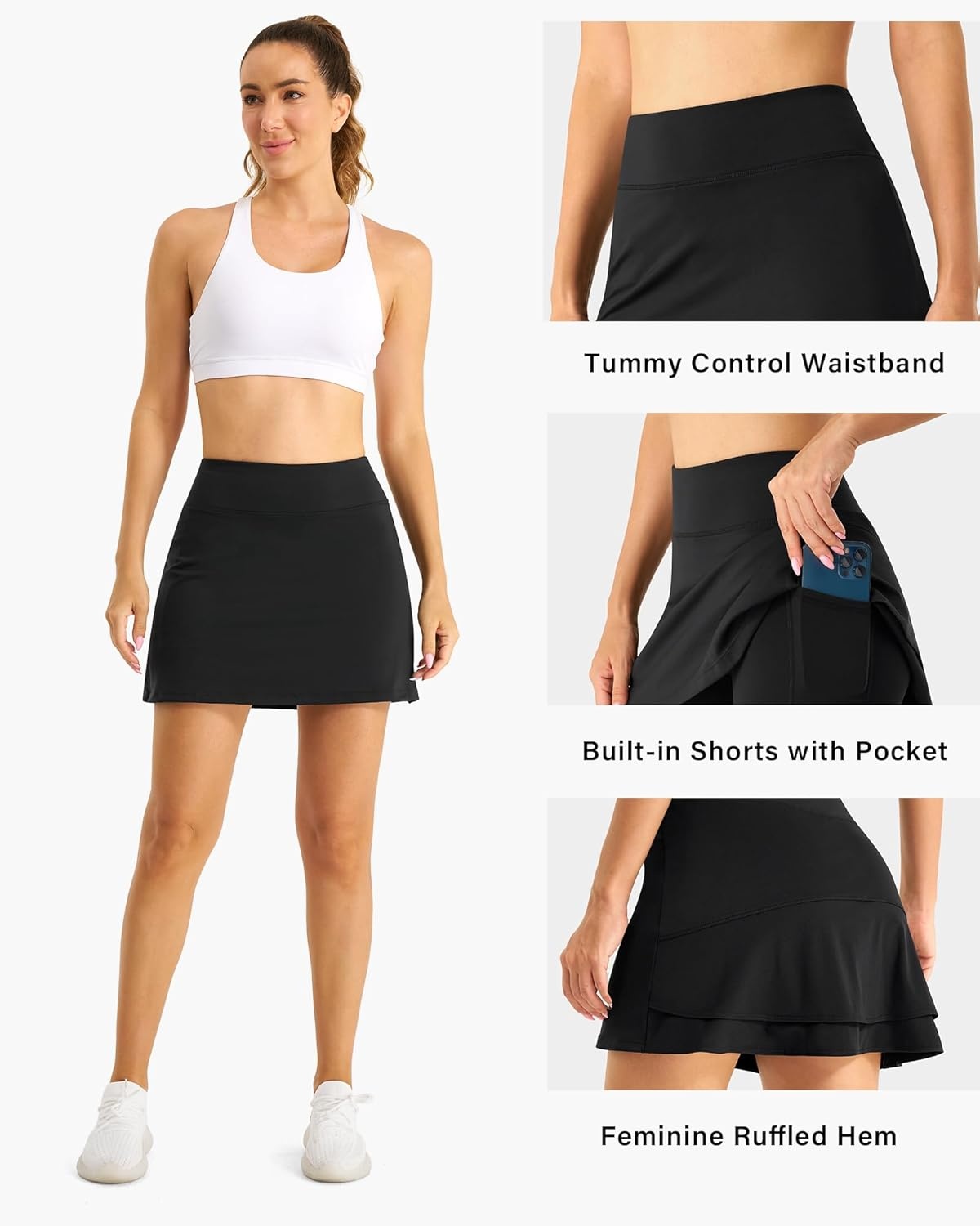 Stelle Women Tennis Skirt Athletic Skort High Waisted Golf Inner Shorts with Pockets Running Sports Pickleball(Black)