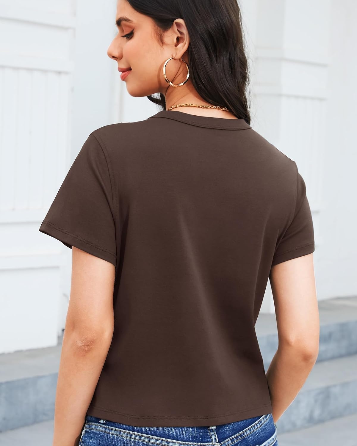 Stelle Women Cotton T Shirts Short Sleeve Basic Tees Casual Boxy Crop Tops(Coffee)