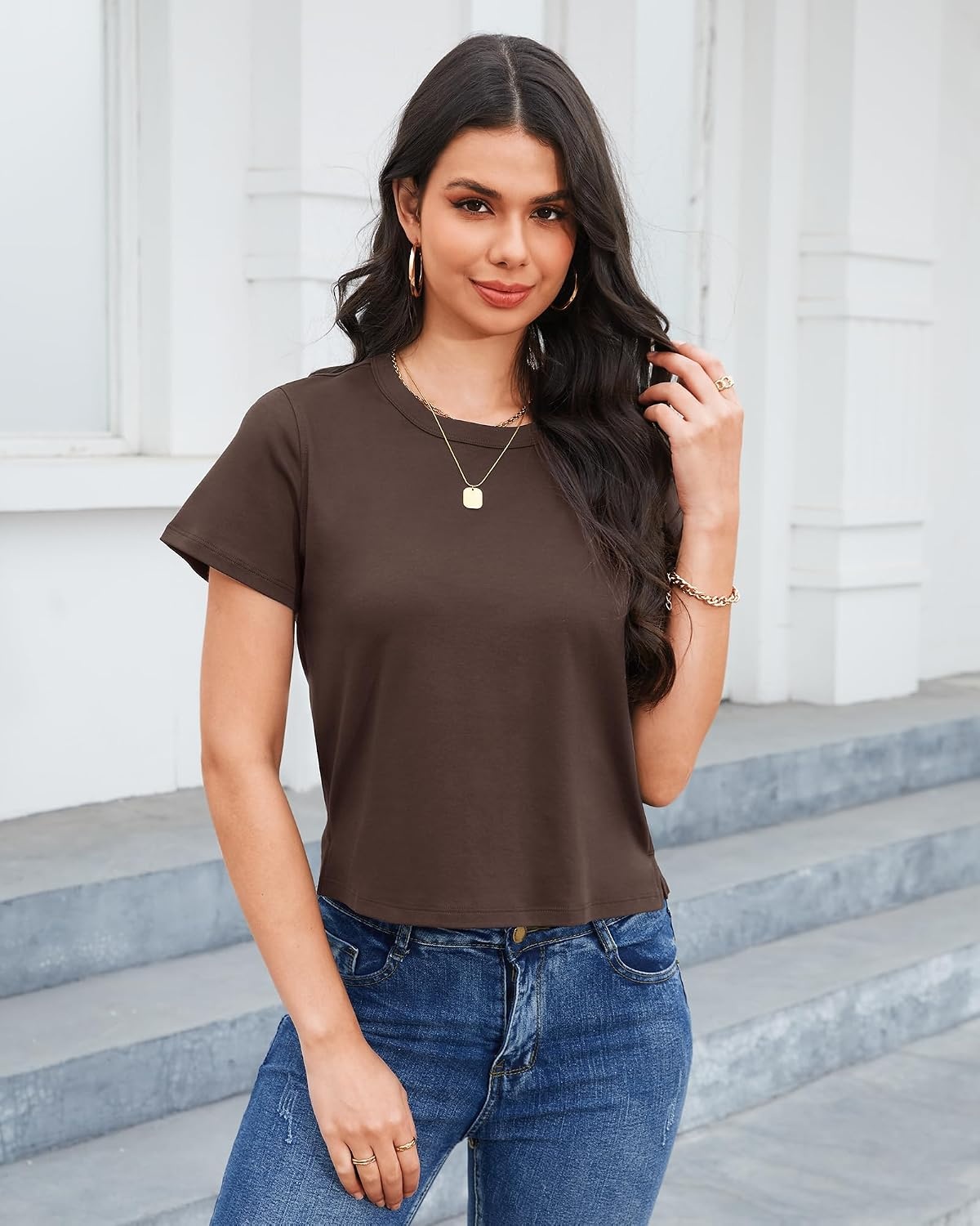 Stelle Women Cotton T Shirts Short Sleeve Basic Tees Casual Boxy Crop Tops(Coffee)