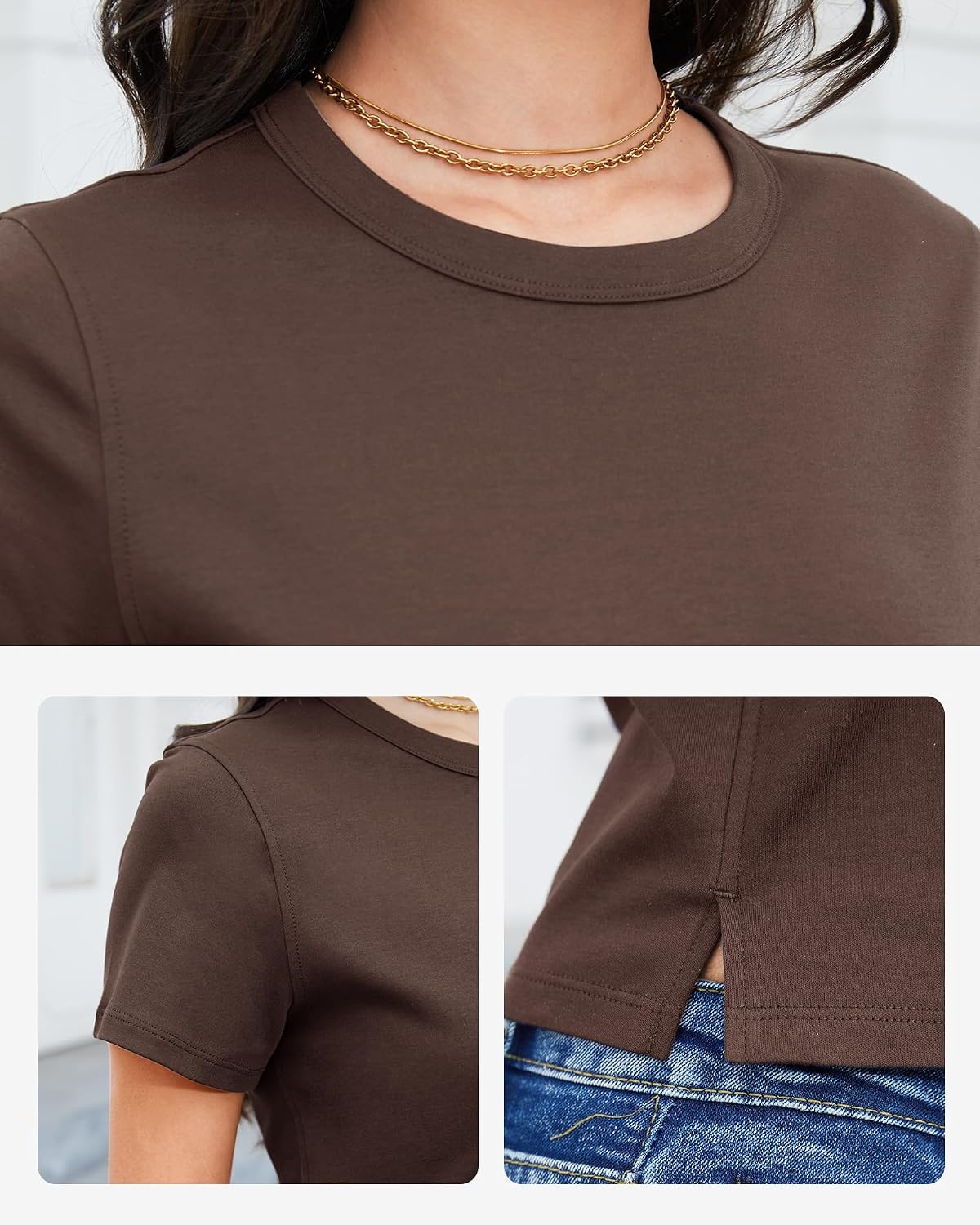 Stelle Women Cotton T Shirts Short Sleeve Basic Tees Casual Boxy Crop Tops(Coffee)