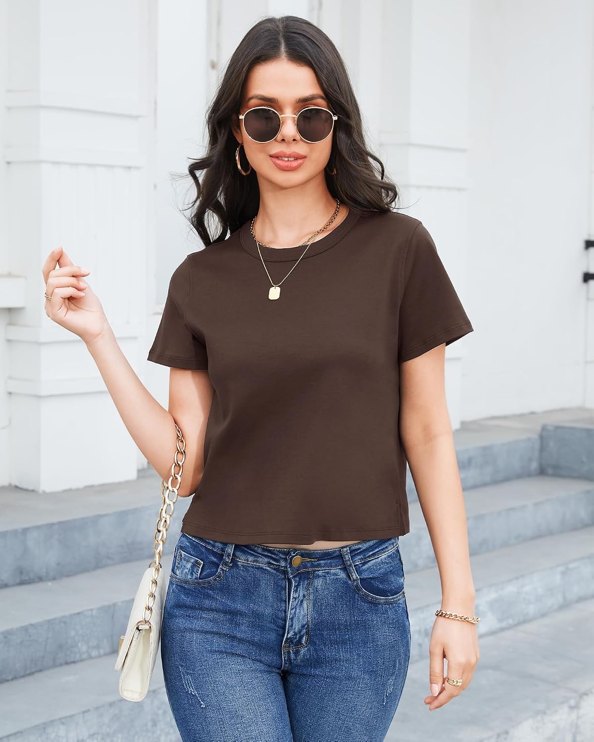 Stelle Women Cotton T Shirts Short Sleeve Basic Tees Casual Boxy Crop Tops(Coffee)