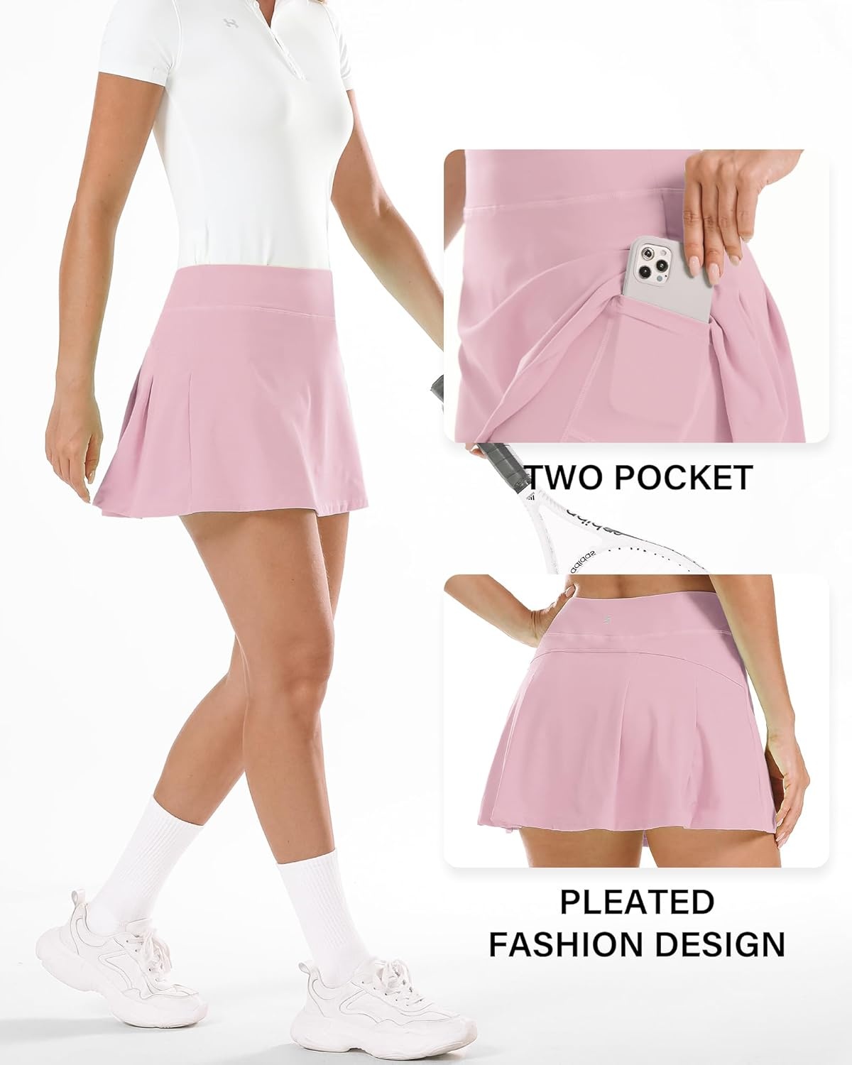 Stelle Women Tennis Skirt Golf Skorts Athletic High Waisted with Pockets Inner Shorts Sport Workout Pleated Pickleball(Pink)