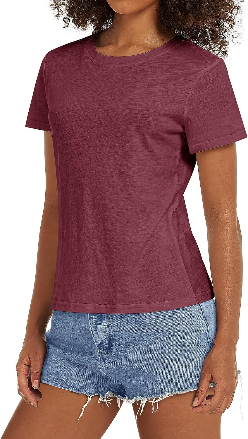 Stelle Womens Cotton T Shirts Comfort Soft Casual Everyday Modal Tops | Breathable fabric, Relaxed fit, Short sleeves, Layering essential, Lounge, Travel, Machine washable(Burgundy)