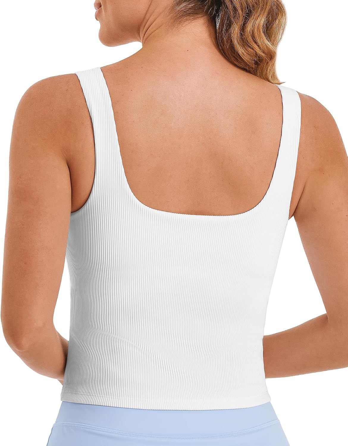 Stelle Women’s Ribbed Tank Tops Seamless Padded Workout Crop Top Sleeveless Square Neck Cami Basic Shirts(White)