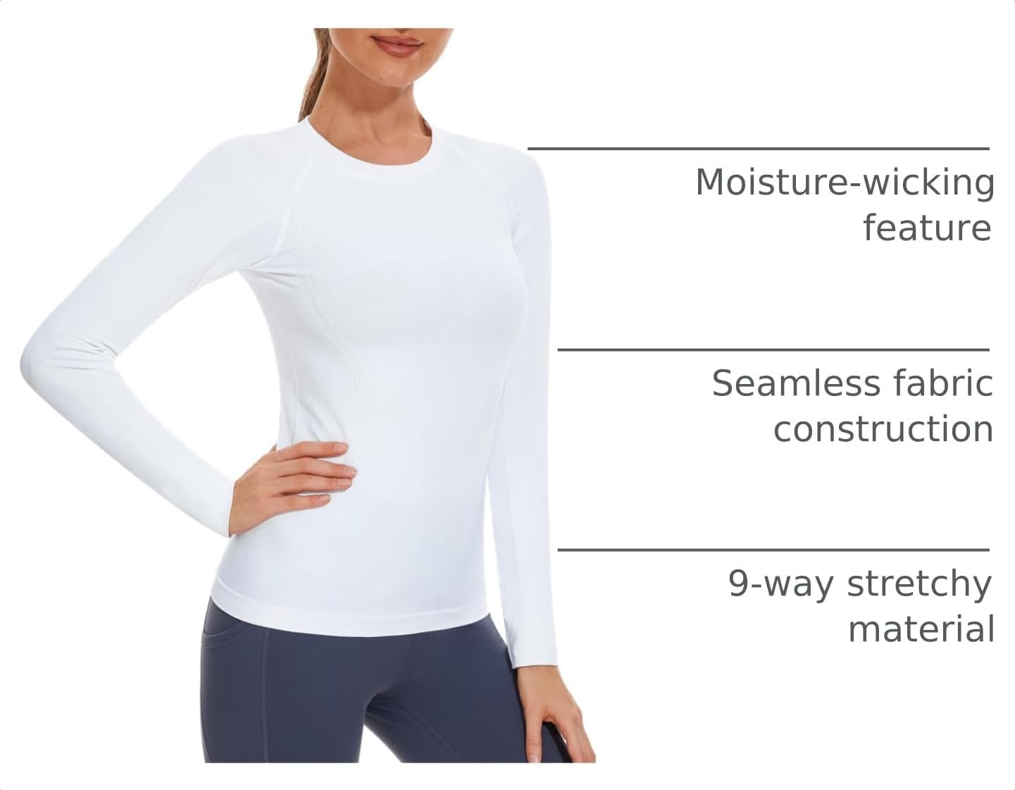 Stelle Womens Seamless Long Sleeve Workout Tops Compression Athletic Shirts | Seamless construction, Moisture-wicking fabric, Four-way stretch, Breathable, Soft, Thumbholes, Fitness, Active performance(White-without Thumb Hole)