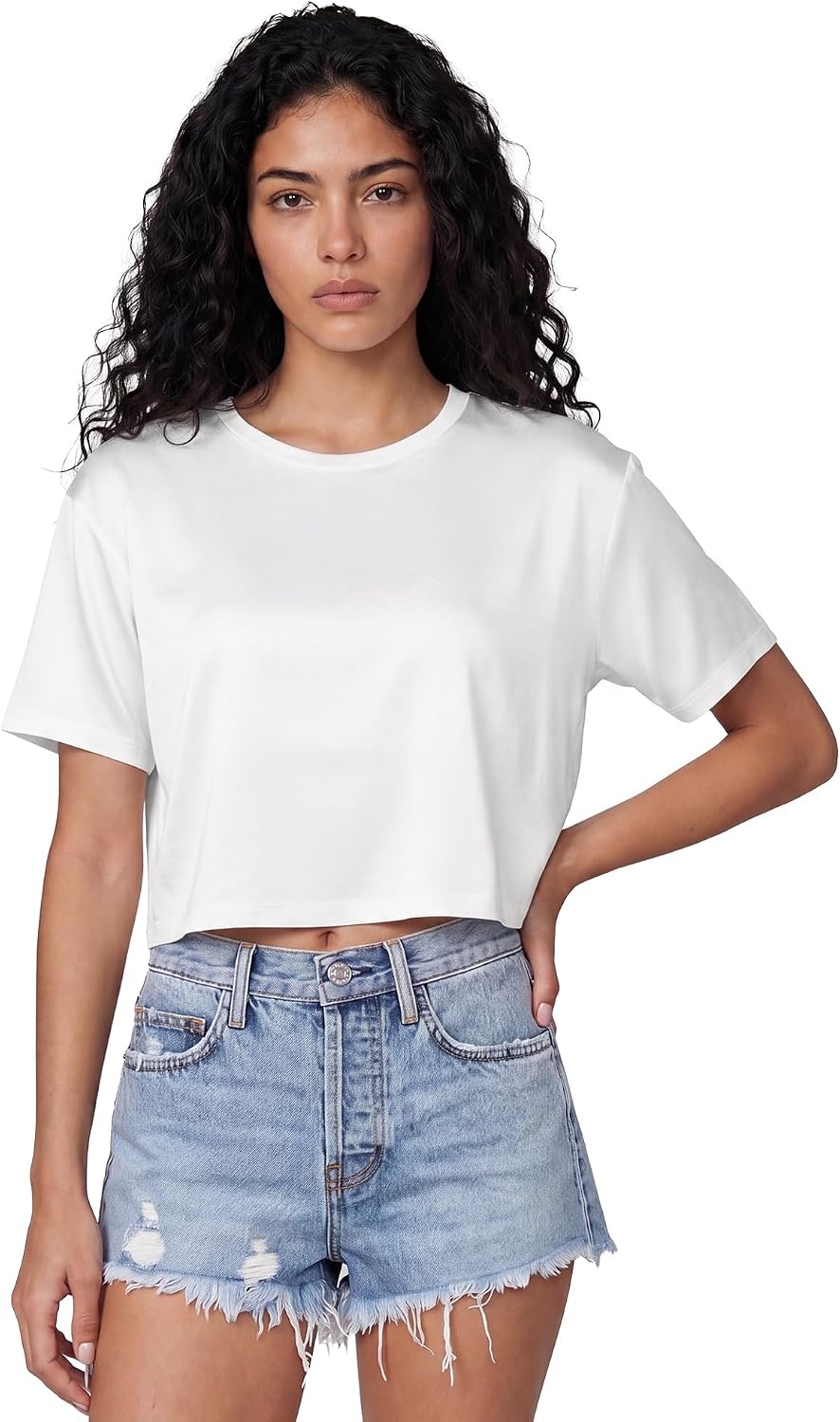 Stelle Womens Workout Crop Top Loose Short Sleeve Shirt Breathable Quick Dry UPF 50+ Oversized Boxy Tee for Running Athletic(White)