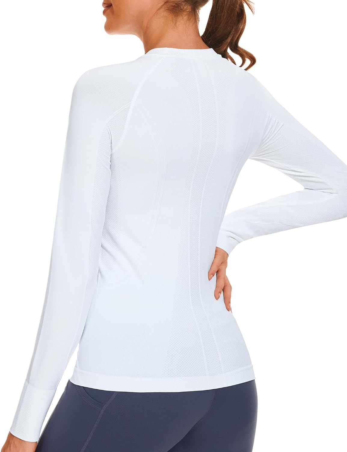 Stelle Womens Seamless Long Sleeve Workout Tops Compression Athletic Shirts(White-without Thumb Hole)