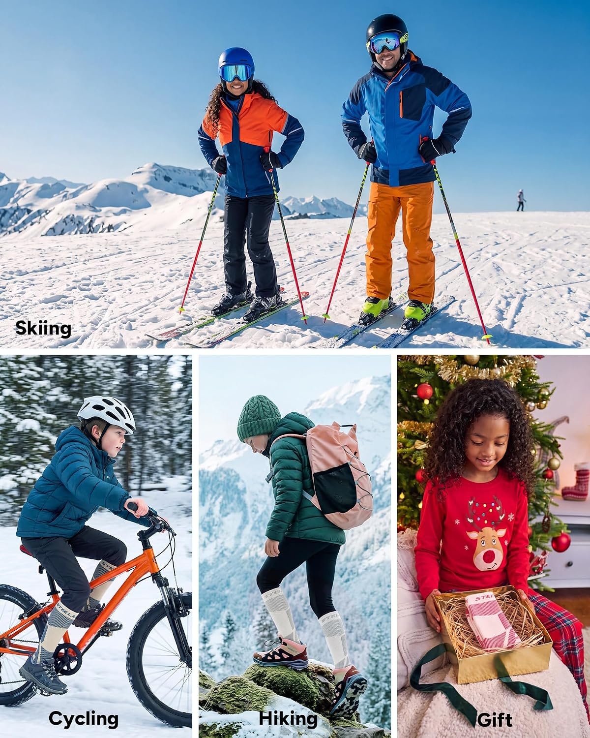 Stelle Wool Ski Socks for Kids Men Women, Winter Warm Knee High Socks(Pink+white+blue)