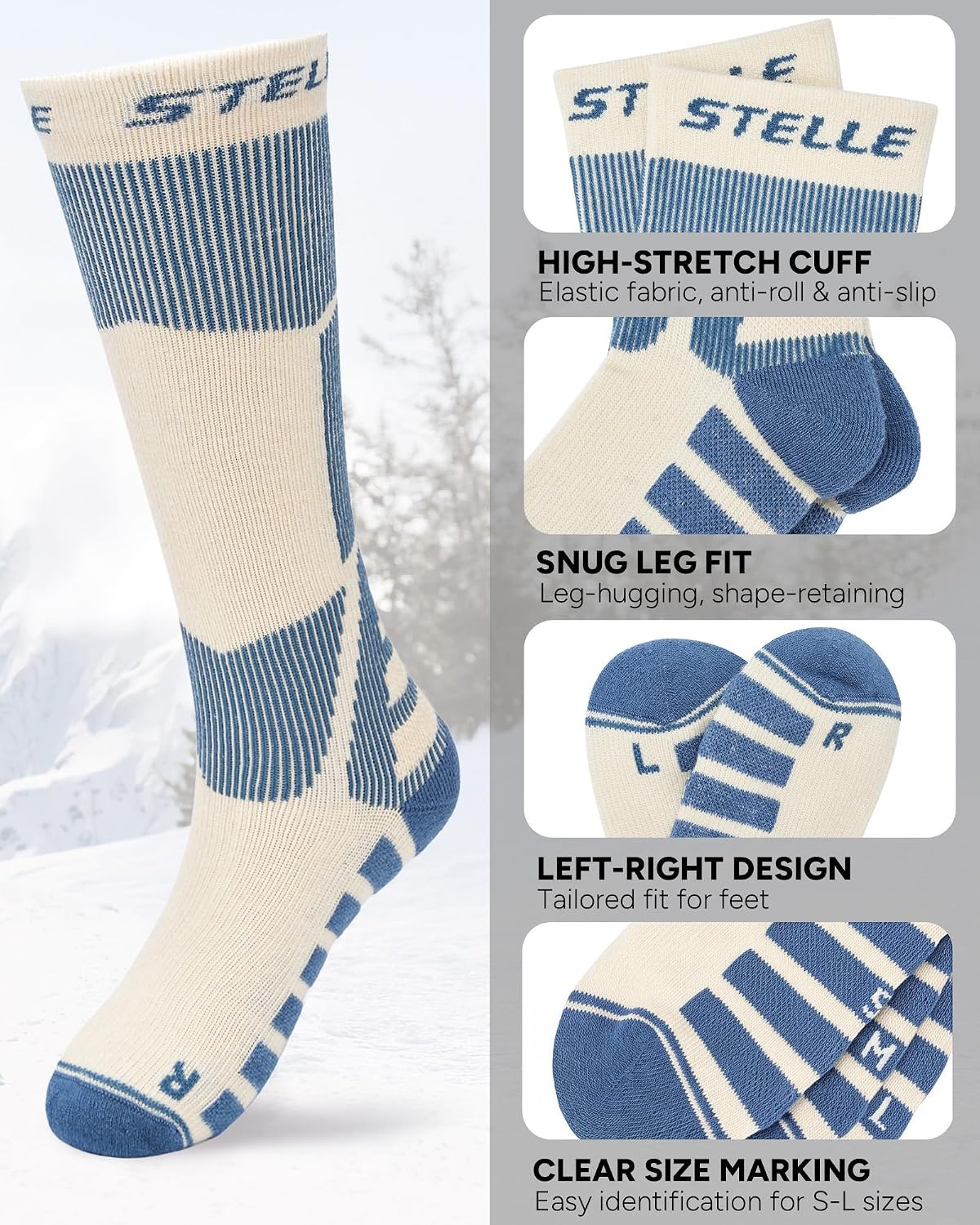 Stelle Wool Ski Socks for Kids Men Women, Winter Warm Knee High Socks(Pink+white+blue)