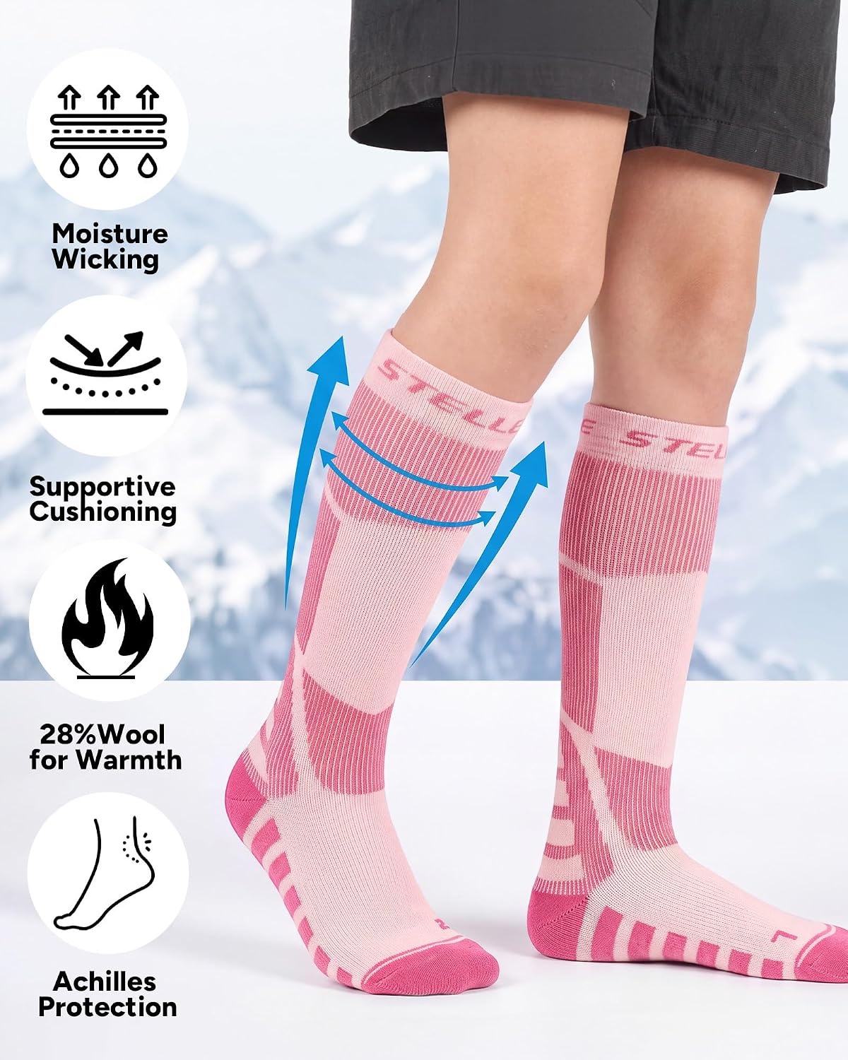 Stelle Wool Ski Socks for Kids Men Women, Winter Warm Knee High Socks(Pink+white+blue)