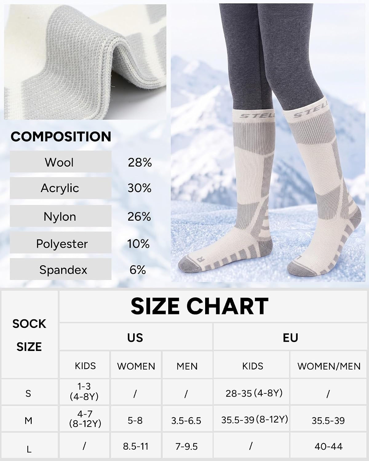 Stelle Wool Ski Socks for Kids Men Women, Winter Warm Knee High Socks(Pink+white+blue)