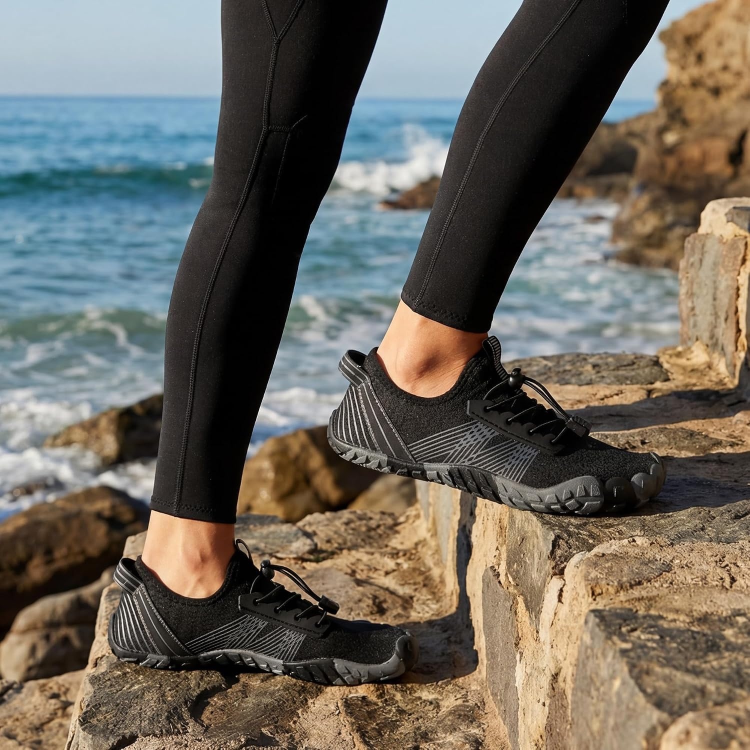 Stelle Womens Water Shoes for Men Adult Aqua Shoes for Swim River | Hiking Beach Boat Pool Quick-Dry Mesh Barefoot Non-Slip Rubber Outsole Lightweight Easy-On Pull Tabs Water Sports(Black)