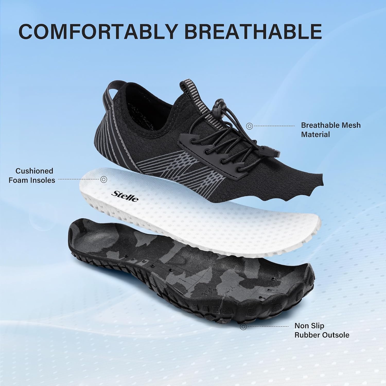 Stelle Womens Water Shoes for Men Adult Aqua Shoes for Swim River | Hiking Beach Boat Pool Quick-Dry Mesh Barefoot Non-Slip Rubber Outsole Lightweight Easy-On Pull Tabs Water Sports(Black)