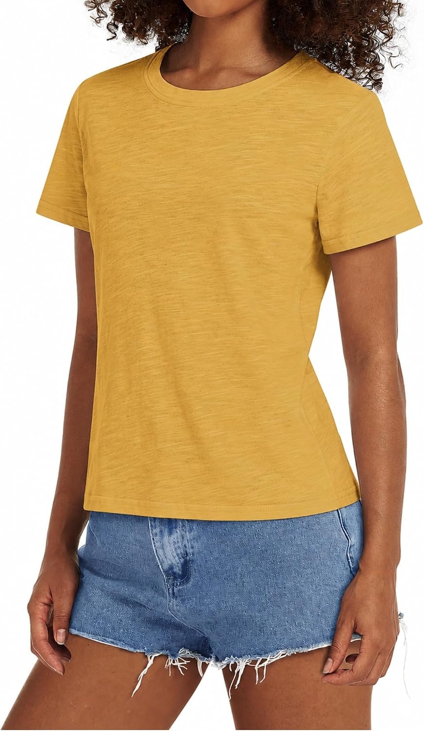 Stelle Women’s Classic Crewneck T-Shirt Cotton Modal Casual Everyday Top | Breathable fabric, Relaxed fit, Short sleeves, Layering essential, Lounge, Travel, Machine washable(Mustard)