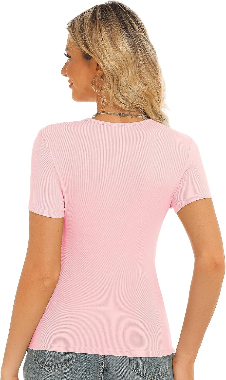 Stelle Ribbed Tops for Women Short Sleeve Tshirt Slim Fit Basic Tee Casual Blouse(Cherry Blossom)