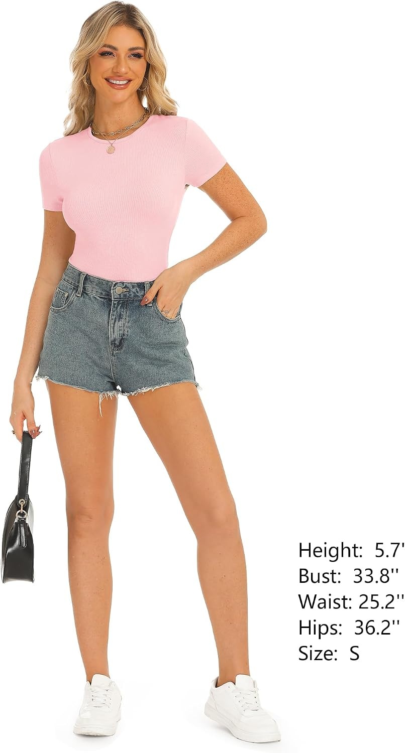 Stelle Ribbed Tops for Women Short Sleeve Tshirt Slim Fit Basic Tee Casual Blouse(Cherry Blossom)