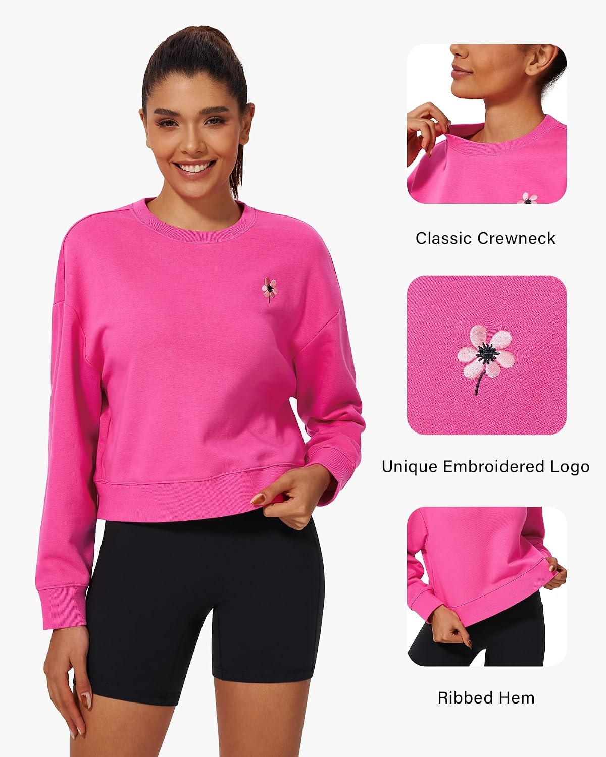 Stelle Cropped Sweatshirt for Women Crewneck Pullover Tops Oversized Long Sleeve Lightweight Casual Cotton Sweat Shirts(Cosmopolitan)